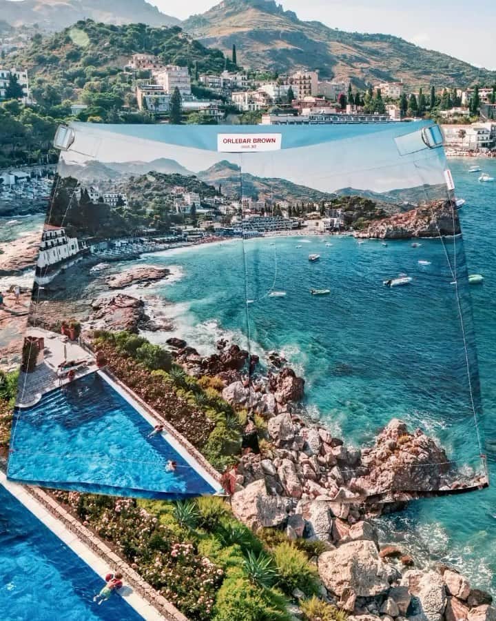オールバーブラウンのインスタグラム：「Tap to shop this new photographic print by acclaimed photographer, @StuartCantorPhotography. Titled 'Sicilian Summer', it features an idyllic aerial shot of @belmondvillasantandrea on the Taormina coast in Sicily. ⤴️ You can also swipe up to shop another of Cantor's photographic swim shorts to feel like you're basking poolside at the @marbellaclubh, where the image was captured. ☀️ #DoseofDun #OrlebarBrown #OBsAroundTheWorld」