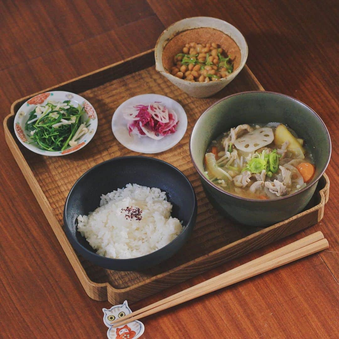 Kaori from Japanese Kitchenさんのインスタグラム写真 - (Kaori from Japanese KitchenInstagram)「久々の自炊は豚汁定食。 ・ こんばんは。 ちょっと前の朝昼ごはん。 この日は寒かったので豚汁定食でした。 #ココノミ さんから届いた むっちりれんこんを豚汁に入れたら シャキシャキ食感が楽しめてよかった◎ ごぼうの代わりにれんこん、アリです。 ・ 【栄養の話】 おかひじきとえのきの組み合わせにハマってます。 正直東京に住み始めてから存在を知りました。 カルシウム、カリウム、βカロテンが豊富で 栄養価的に優秀なお野菜です。 そして、おかひじきは病害虫に強いため 農薬もさほど必要なく育つみたいです。 （オーガニック野菜の中では 比較的買いやすい値段で売られています） 沸騰させたお湯に入れて瞬間的に茹でて ドレッシングをかけたら終わり。 ツナマヨ和えや梅おかか和えも美味しいし お味噌汁に入れたりしてます。 コロナの感染が広がっていますが しっかり栄養つけて睡眠取って 手洗いうがいをして予防していきましょう。 三連休は放置してた家事を頑張ります…😇 今日もお疲れ様でした。 ・ ・ ・ 【おしながき】 ゆかりふりかけ入りごはん れんこん入り豚汁 納豆 れんこんと菊花の甘酢漬け おかひじきとえのきを茹でたもの ・ ・ ・ ・ 2020.11.20 Fri Hi from Tokyo! Here’s Japanese brunch:Baked rice, pork miso soup, natto, pickled lotus root, and boiled salsola komarovii. ・ ・ ・ #Japanesefood #breakfast #朝ごはん #おうちごはん #早餐 #薬膳 #うつわ #自炊 #家庭料理 #一汁三菜 #砂田夏海 #和食」11月20日 21時53分 - coco_kontasu