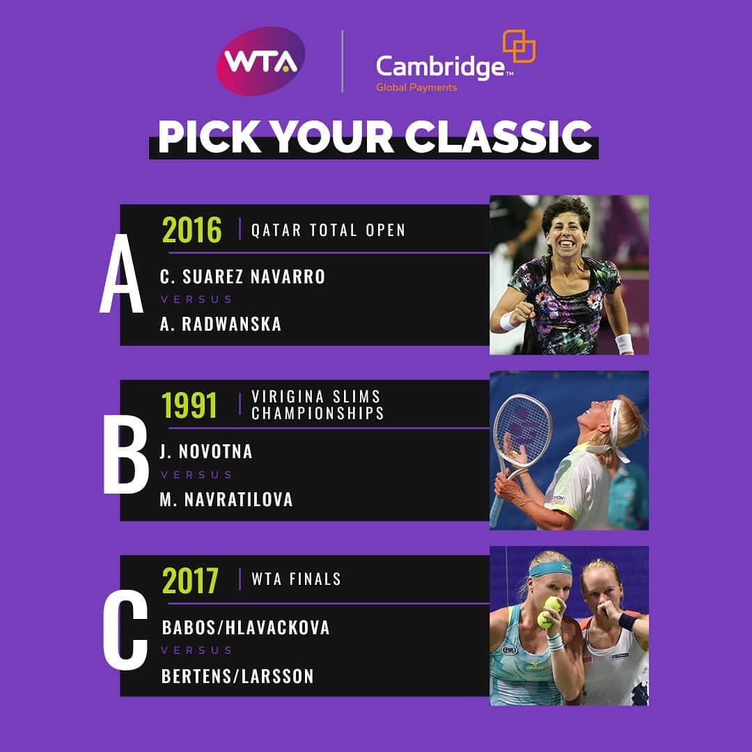 WTA（女子テニス協会）さんのインスタグラム写真 - (WTA（女子テニス協会）Instagram)「🗳 Vote for your favorite match and enjoy it on our YouTube channel and Facebook page this Sunday, November 22nd, at 1 pm EST/6pm GMT. What's your pick this week? 🤔 Presented by Cambridge Global Payments.」11月20日 23時22分 - wta