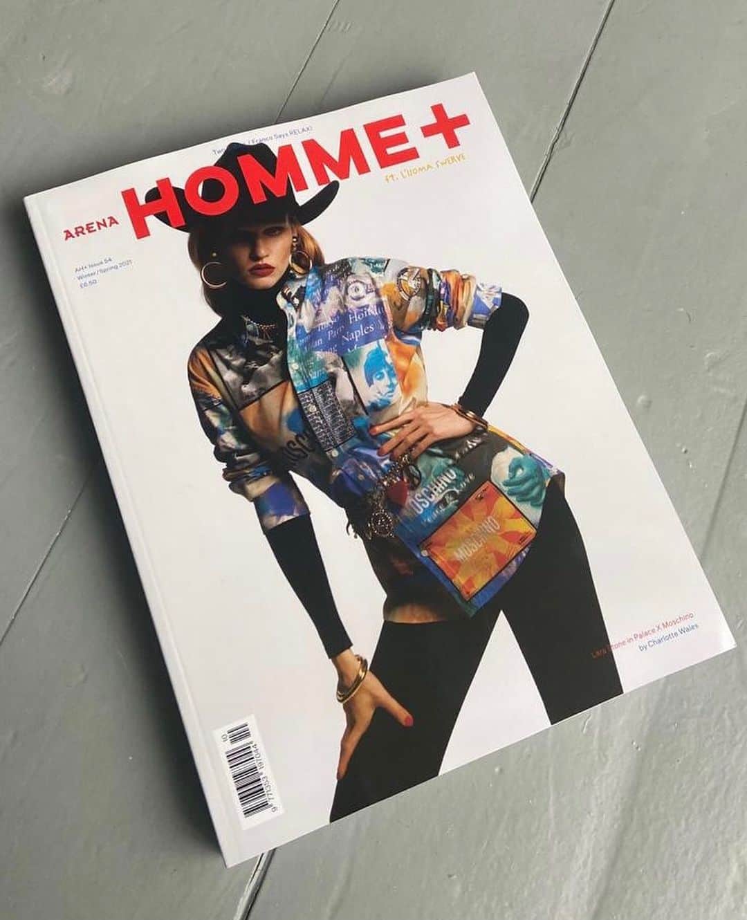 ジェレミー・スコットのインスタグラム：「HOLY LARA STONE !!! 🤠@lara_stone WEARING @palaceskateboards x @moschino ON THE COVER OF @thehommeplusmag STYLED BY @claudiaasinclair 📸  @charlottemwales  MADE WITH✌🏼&❤️ !」