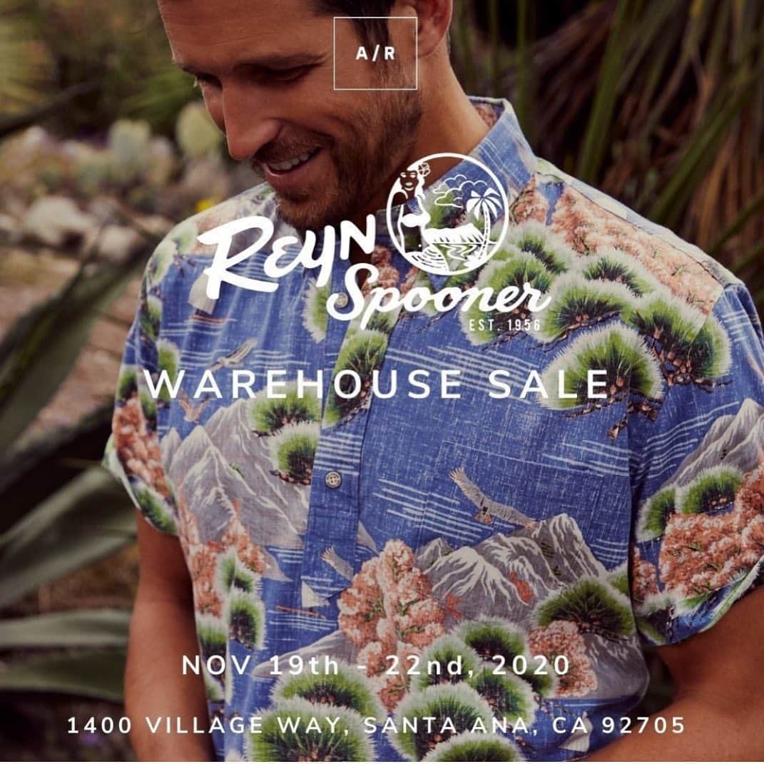 レインスプーナーのインスタグラム：「Serving up a special Aloha Friday with a SoCal sample sale. As this is a sample sale the inventory is mainly size Medium which is our sample size.   Save on your favorite classic men's Hawaiian shirts in both the classic fit and slim fit. Shop styles from short sleeve button-ups, long sleeve button-ups, tees, long sleeve tees, boardshorts, walkshorts, collared shirts and much more!  NOVEMBER 19 - 22, 2020 Thursday to Sunday: 10am-6pm  1400 Village Way Santa Ana, CA  92705  TICKETS REQUIRED  Tickets (FREE) are required. Click the link in bio for more info.」