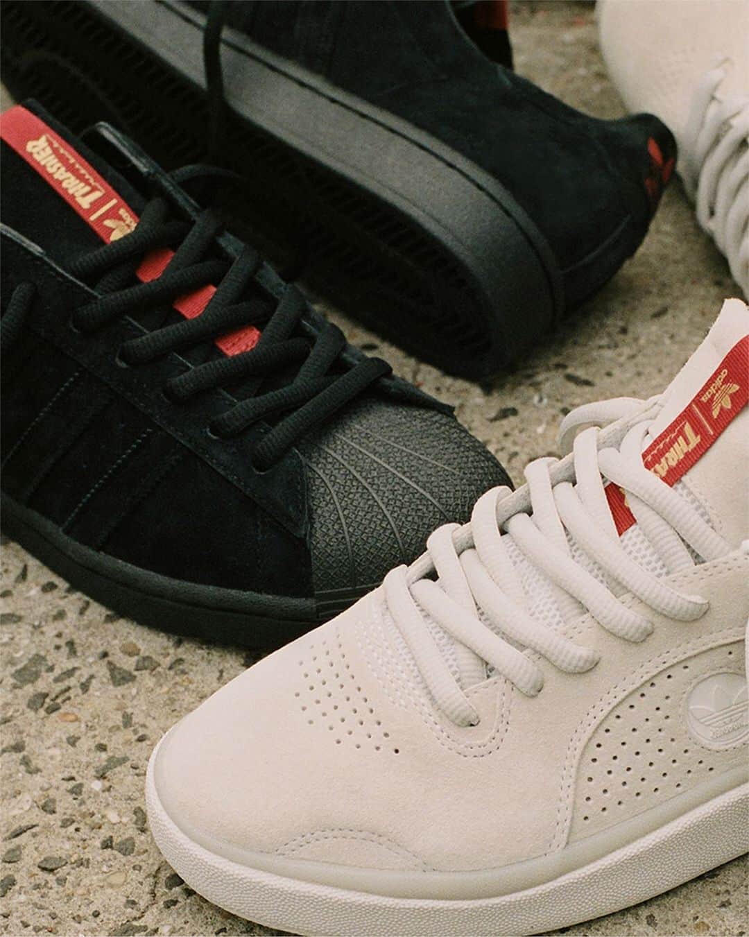 adidas Skateboardingのインスタグラム：「Skateboarding’s finest /// Two icons team up to create their take on two iconic silhouettes. The Tyshawn x Thrasher & the Superstar ADV x Thrasher. Coming 11/28 👀. • #adidasSkateboarding x #ThrasherMagazine」