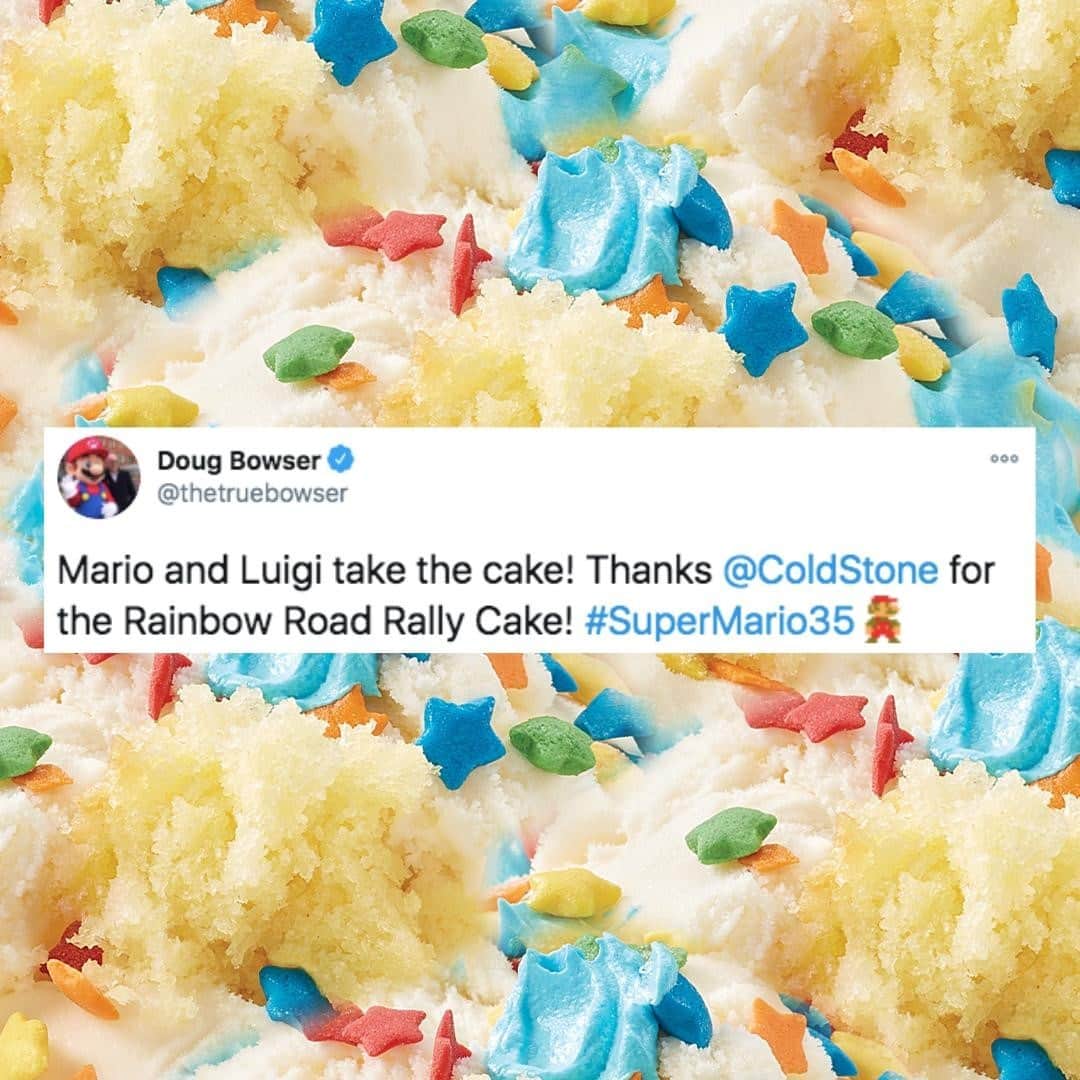 コールド・ストーン・クリーマリーのインスタグラム：「Don't forget to try the Mario's Super Birthday Blast Creation™, Mario's Super Star Shake and Rainbow Road Rally Cake before they're gone! #SuperMario35 #NintendoSwitch」