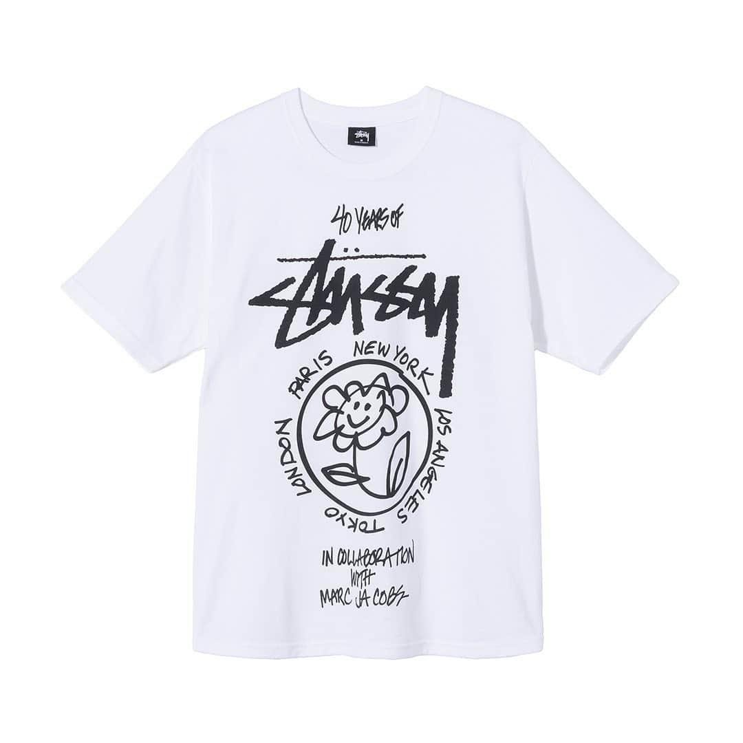 Stüssyのインスタグラム：「Stüssy World Tour Collection, now available worldwide.   To celebrate their 40th anniversary, Stüssy has invited a group of designers to create on their canvas, the classic Stüssy World Tour t-shirt. Rick Owens, Martine Rose, Takahiro Miyashita, Marc Jacobs, and Virgil Abloh all represent different cities & communities that have inspired Stüssy. Each brings a different perspective, sensibility, and intention that juxtaposes with time tested Stüssy design language.  Stüssy will donate a portion of the net proceeds from each t-shirt to a charitable organization of the designer’s choosing.」