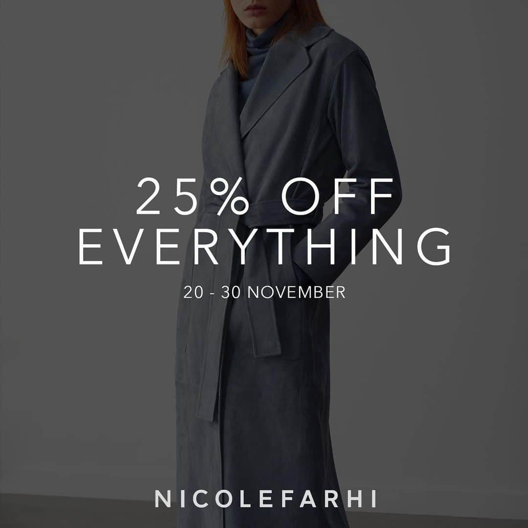 ニコルファリのインスタグラム：「25% OFF EVERYTHING Including sale! Shop a selection of timeless clothing and stylish accessories online and enjoy the 25% discount on everything until 30 November. The discount will automatically be applied at the checkout.  #nicolefarhi #sales #blackfridaysales #discountcode #fashionsales #retailtherapy #retailssales」