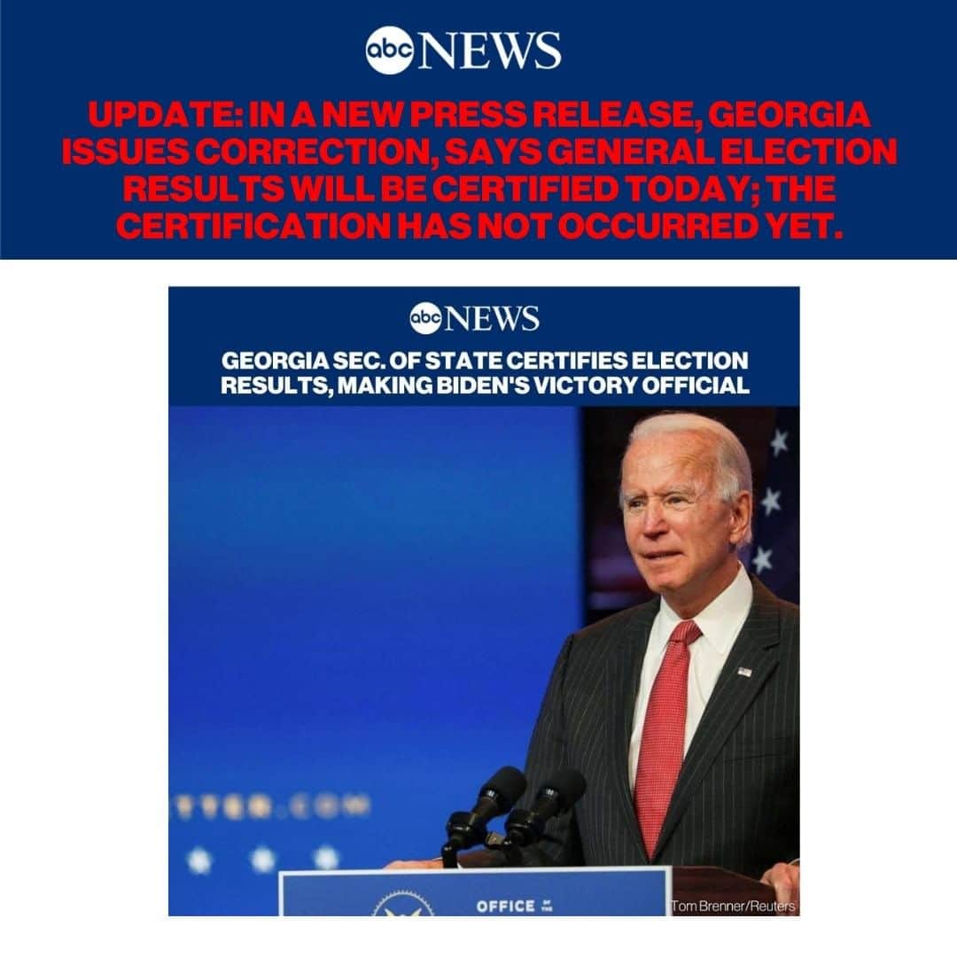 ABC Newsさんのインスタグラム写真 - (ABC NewsInstagram)「UPDATE: In a new press release, Georgia issues correction, says general election results will be certified today; the certification has not occurred yet. #joebiden #donaldtrump #georgia #election #election2020」11月21日 4時18分 - abcnews