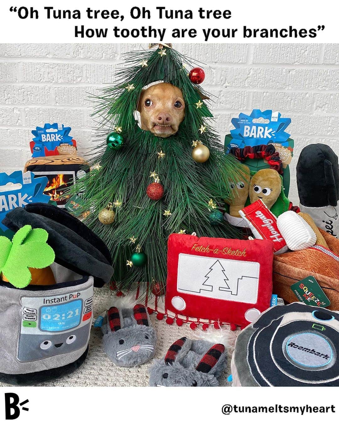 BarkBoxのインスタグラム：「🎄ON THE FIRST DAY OF BARKMAS, SWEET TUNA GAVE TO ME🎄⁠⠀ ⁠⠀ ONE STUFFED ROOMBA⁠⠀ TWO SQUEAKY AIR PODS⁠⠀ ⁠⠀ SOFT!!!!⁠⠀ INSTANT!!!⁠⠀ POT!!!!!!!⁠⠀ ⁠⠀ ONE ETCH A SKETCH⁠⠀ ONE FIREBOX⁠⠀ WAIT THATS A TV⁠⠀ ⁠⠀ AND A TUNA THAT’S ALSO A TREEEEE”⁠⠀ ⁠⠀ GET ALL THESE GOODIES FROM @petsmart! OR CLICK DAT LINK IN BIO 💗⁠⠀ Tᴜɴᴀ-Tʀᴇᴇ ɴᴏᴛ ɪɴᴄʟᴜᴅᴇᴅ. ᴘʟᴇᴀsᴇ ᴅᴏ ɴᴏᴛ sᴜᴇ ᴍᴇ ɪ'ᴍ sᴏ ʜᴜɴɢʀʏ.⁠⠀」