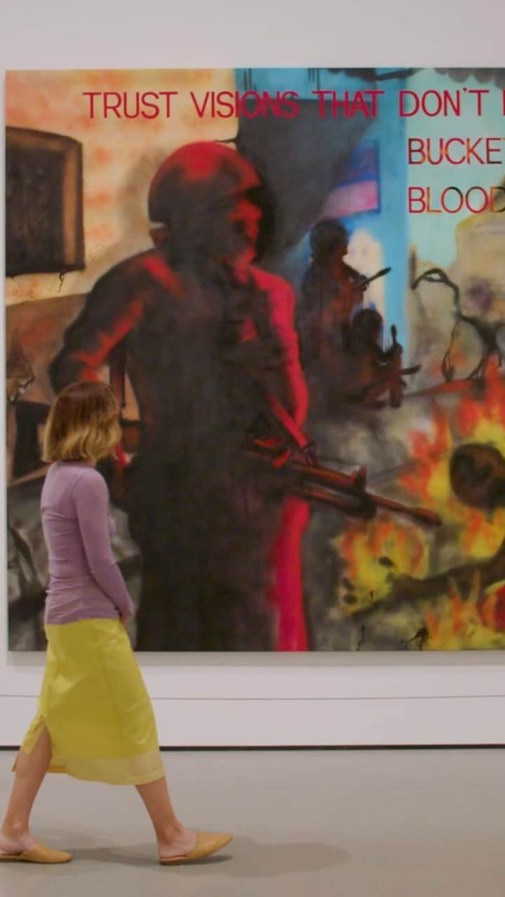 ニューヨーク近代美術館のインスタグラム：「Curator @paulinapobocha still gets goosebumps when she looks at this collaborative painting by @jennyholzerstudio and @ladypinknyc, in which images of political terror are countered by the will to seek out a better future.  Explore our collection work by work as we release a new #UNIQLOArtSpeaks video each Friday. #JennyHolzer #LadyPink  @uniqlousa is MoMA’s proud partner of #ArtForAll」
