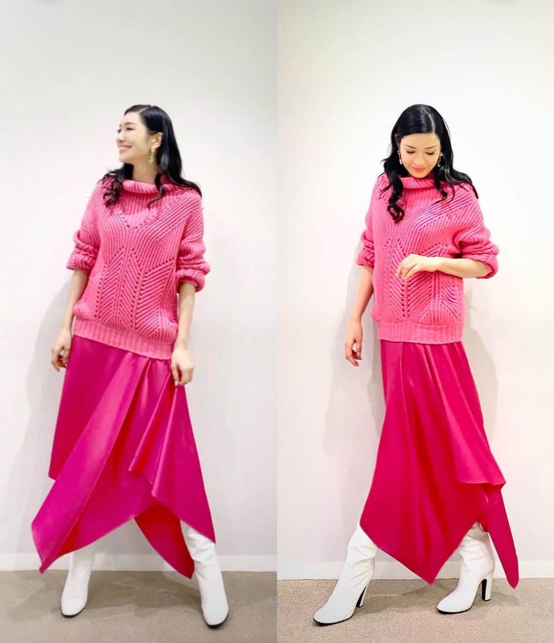 のインスタグラム：「今日はTBS【サタデープラス】生放送出演でしたよ😍  MCのこじるりちゃんと、銀シャリのお二人と✌️peace  ローソンの名品やフリーズドライ食品、炊飯器のランキングは紹介でした！  いつもこの番組のランキングで、世の中には沢山の便利なモノがあると知り、またお買い物し過ぎそう💦  今日はピンクと白の、おめでたいコーデでした💗🤍  #今夜22時半から23時はテレ東の勇者ああああに出演します📺✨ セーター&スカート　　@escadaofficial  白ロングブーツ　　　　@marcjacobs  ピアス　　　　　　　　@zara  @ruriko_kojima @unaginigaoe @kome_kome_kome0927」