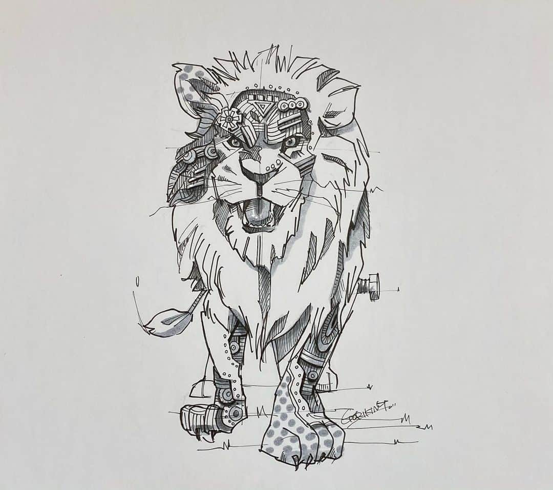 似顔絵★𝗚𝗢𝗥𝗜𝗞𝗜𝗡𝗚のインスタグラム：「. . 子供がゲーム中の 束の間の落書き🦁✨  . . メカライオン🦁✨w . . さて今からはご近所さんと、 夕方までお外遊び⭐️✨  長いぞーーー🔥🔥w . .  #gorikingのメカシリーズ  . .  ❌❌現在は、予約受付終了してます❌❌ 。 . . .  2020年度ご予約のお客✨ 現在120番までの方へ案内中です🌟✨💕 DMの確認いただきgmailへ返信宜しくお願い致します🙇‍♀️🌟✨✨ . . . .  次回の予約応募は、2020年のご予約分を書き終える予定の 来年春から夏頃の、、、予定です。 ※あくまでも予定なので前後します🙇‍♀️ . . . .  オーダー再開の際には 人数制限あるため必ず予約ができるわけではございません。 そのことも踏まえた上で 次回ご検討いただけると嬉しいです(^^) . . また、結婚式の使用を考えてくださる方も多いです✨  前々からお伝えしていますが、 基本的に予約順に対応しているため、 近々の納期を希望される方は、 対応できないこともあるので、 あらかじめご了承ください💦 . . . . . ※今回予約が取れた方へ※ . .  写真がまだ用意できてない、入金が遅れそうなど、状況により、順番が前後することもございます‼️ あらかじめご了承ください。 。 . . . また、芸能人、キャラクターのオーダー、パロディ風オーダーはお断りしています。  芸能人については、ご本人様に直接プレゼントなどはOKです。 . . . . . . 💰料金表は過去投稿記事みてね❤💰 . . . . . ➡️ハッシュタグ⇨ goriking117料金表2019⬅️ . . ✨✨✨✨✨✨✨✨✨✨✨✨✨✨✨✨ @by.goriking のアカウントでは、 過去書かせて頂いたお客様方からの、 似顔絵のその後のお写真をいただき、 投稿しております^ - ^❤️❤️ 玄関に飾ってある似顔絵、 渡した瞬間のお写真、 ご本人とのお写真などなど💕 いろんな場面でのお写真お待ちしております^ - ^✨⭐️ . . . .  #似顔絵#pencildrawing#drawing#pencil#illust#painting#art#artwork#絵描きさんと繋がりたい#似顔絵師#gorikingの似顔絵屋さん#ライオン#LION#lionsofinstagram#ペン画#pendrawing#線画#線画イラスト#動物#絵画#アナログイラスト #lionart#pencilartist#animal#comicart#anime#animeart#comicartist#animejapan」