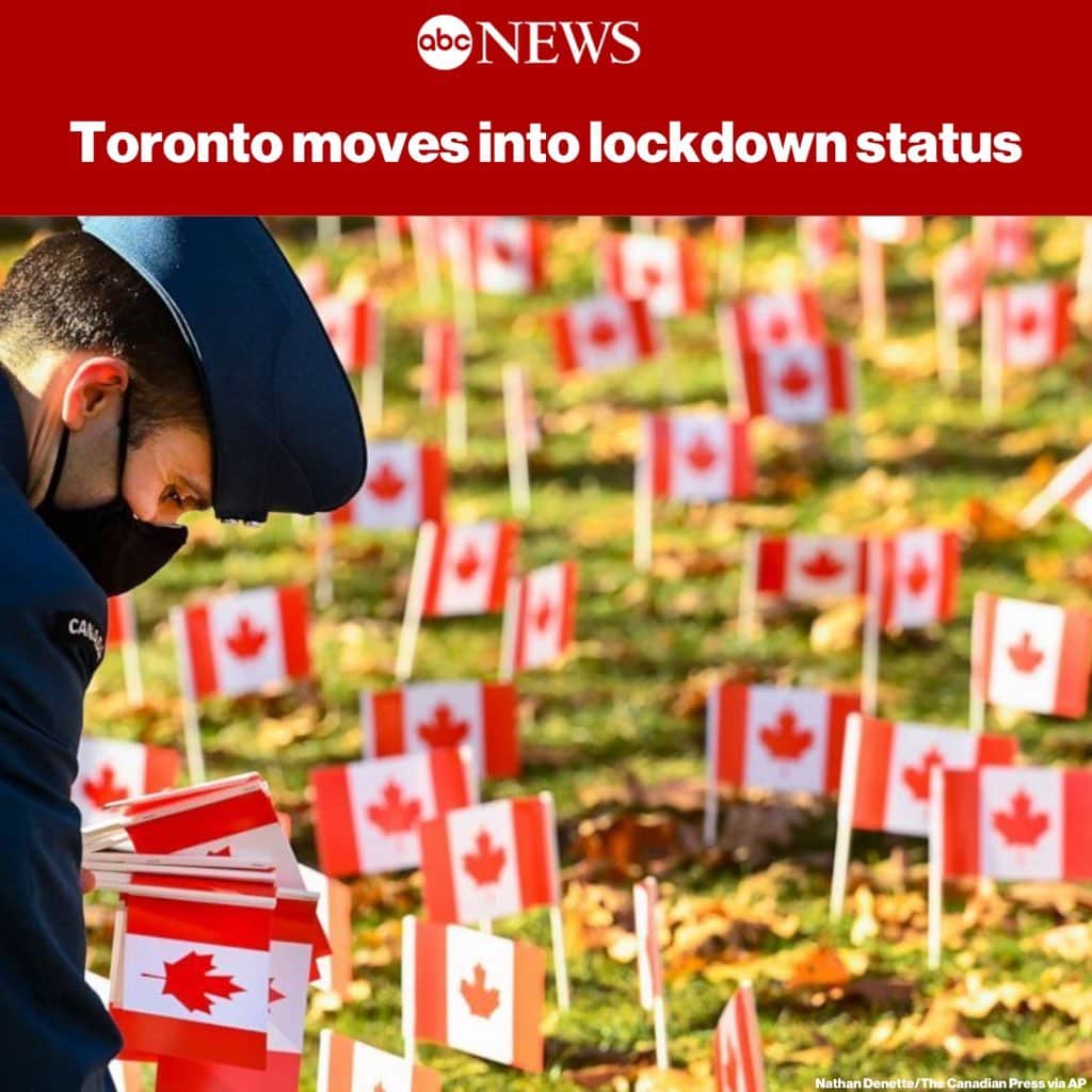 ABC Newsさんのインスタグラム写真 - (ABC NewsInstagram)「Toronto, the largest city in Canada, moves into lockdown as it tries to mitigate an increasing coronavirus emergency.  As part of the designation, public or social indoor gatherings are not allowed. MORE AT LINK IN BIO」11月21日 13時09分 - abcnews