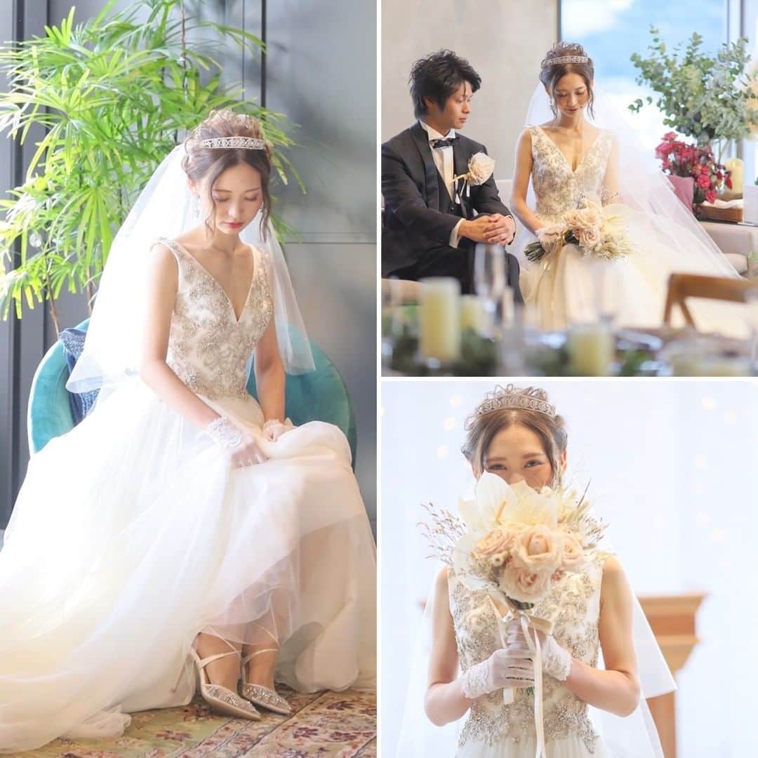 のインスタグラム：「. ドレスに合わせた小物使いが とってもお洒落な花嫁さま*  繊細な刺繍ドレスには 小物もホワイトとシルバーにまとめ 上品で洗練された雰囲気を演出＊ ぜひコーディネートの参考に♡  【会場】𝐓𝐇𝐄 𝐒𝐓𝐘𝐋𝐄　𝐍𝐨.𝟐𝟎　 . -------------------- . @thestyle_okayamaをフォローし #ザスタイル岡山 をつけて 検索してくださいね♪ . #スタイルズ花嫁 #thestyleokayama #wedding #weddingdress #ウェディングドレス #ブライダルハウスTUTU #ブライダルハウスチュチュ #岡山 #岡山花嫁 #岡山ウェディング #プレ花嫁 #卒花 #披露宴 #結婚式 #結婚式場 #結婚式準備 #DRESSY花嫁 #marryxoxo #ウェディングニュース #シェアーズヘアメイク #pronoviasbride  #プロノビアスブライド #ティアラ #グローブ #プリンセス #花嫁コーディネート #ブーケ #トータルコーディネート」