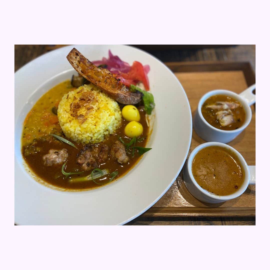 小塚舞子のインスタグラム：「ヨガファイヤ@生駒　美しいカレーは必ず美味しいと思います。写真で見てずっと行きたかったカレー屋さん。想像通り、香りがもう美味しい。種類も豊富で楽しい。また行きたいです。のんびりと。 #ヨガファイヤ #奈良カレー」