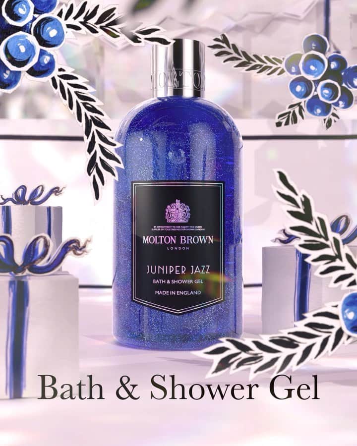 モルトンブラウンのインスタグラム：「Make spirits bright with limited edition Juniper Jazz Eau de Toilette, a dazzling, gin-soaked fragrance with juniper berries, mint, guaiac wood and sandalwood.」