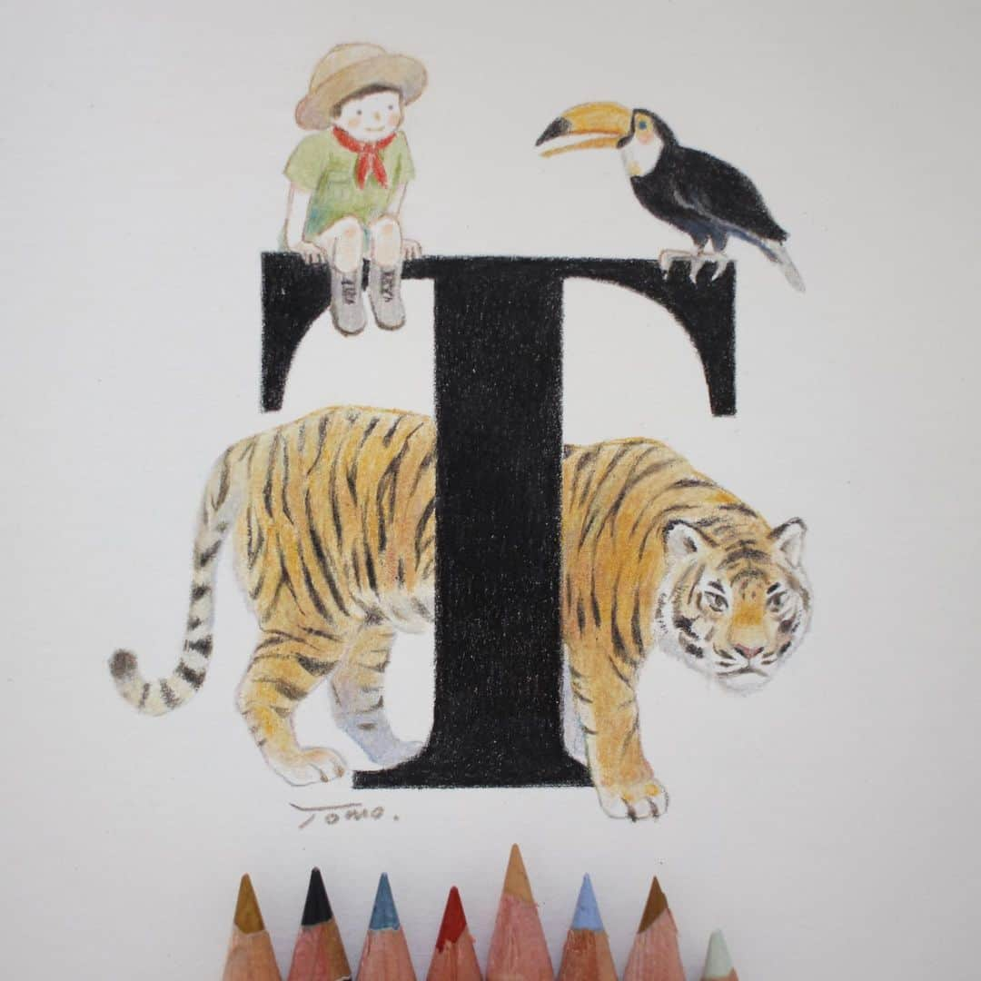 Tomoko Shintaniさんのインスタグラム写真 - (Tomoko ShintaniInstagram)「Letters “T” 🐯🐅 . がるるる💛 . #letters #tiger #toucan #探検家 #karismacolourpencils #holbeinartistscoloredpencil #carandacheluminance」11月21日 20時34分 - tokomo