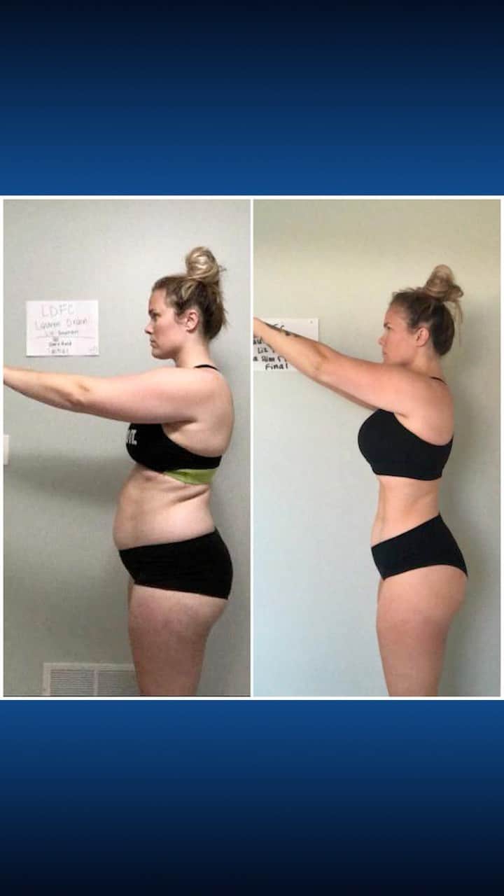 Lauren Drain Kaganのインスタグラム：「LIZ  @liz.knutsen in her own words: “TI started this program at 10 months postpartum. As I struggled with being consistent and getting back into shape. I have always loved working out and pushing myself, but always came up with excuses after having my daughter. When this challenge came out it seemed like the perfect time to hold myself accountable with weekly check ins and photos. Once I got started, I felt like myself again. I have learned about the importance of eating nutrient dense food and portion control. I couldn't be more proud of myself and thankful for this program!” She also took home $700 in cash for having accomplished this amazing transformation. Join my next 6 Week Challenge starting this Sunday the 22nd. Get all the info via the link in my bio💪🏽 Spots are almost gone so get yours while you still can🙈 What are you waiting for? If you are hesitant just look over the testimonials on my website or drop me an email with your questions. I’ve now helped over 25,000 clients over the last 5 years and will be doing this program along side everyone to hit my personal 2020 postpartum goals.  #weightloss #weightlossjourney #diet #dietplan #workout #athomeworkout #fitmom #fitness #fitnessmotivation #fitness #fitfam #mealplan #legday #squats #squat」