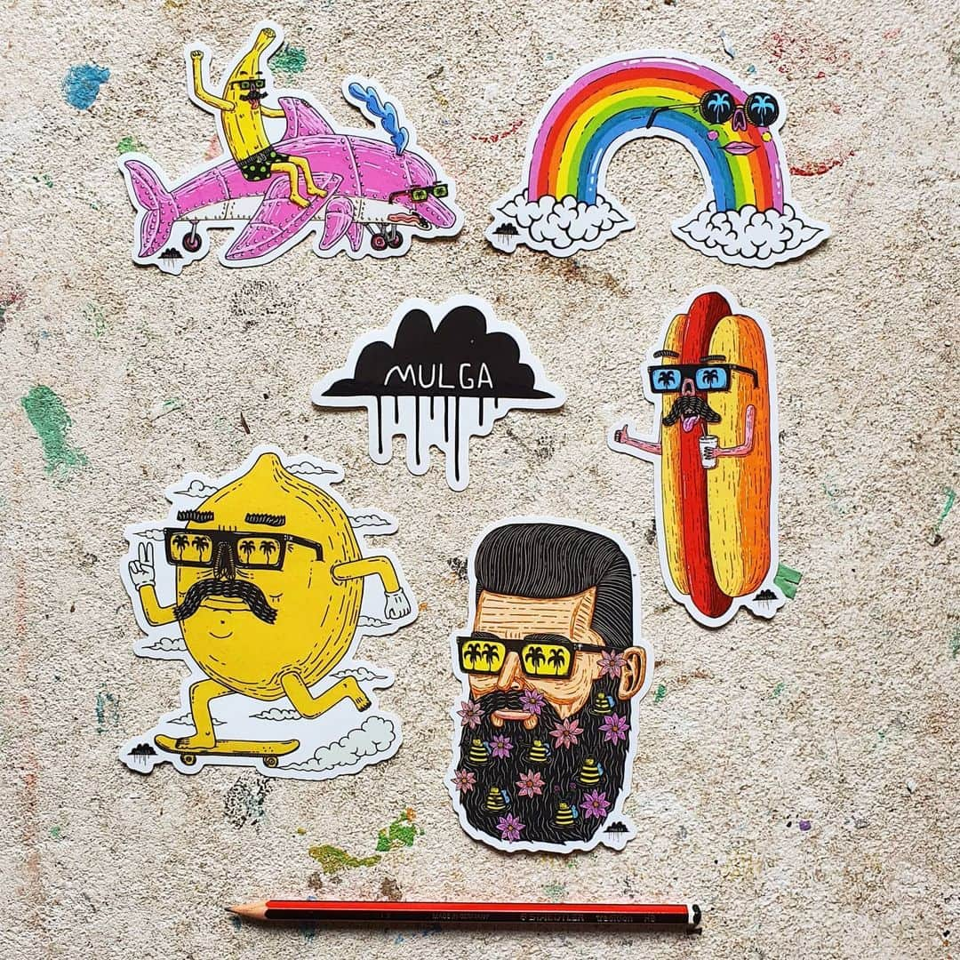 MULGAさんのインスタグラム写真 - (MULGAInstagram)「The new limited edition sticker pack is here, get it from my online store!⁣ ⁣ There's only 300 made and it's made up of:⁣ ⁣ Woody and Benny 🍌🐬⁣ Bee beard Burt 🐝🧔🏻⁣ Henry the Hotdog 🌭⁣ Rhonda the Rainbow 🌈⁣ Lomax the Lemon 🍋⁣ The Mulga Cloud 🌥⁣  I'll be giving a sticker pack away to celebrate. To WIN comment your fav design on this instagram post. I'll randomly draw the winner on TUESDAY 🎊🎉.  ⁣ #mulgatheartist #stickerpack」11月22日 9時37分 - mulgatheartist