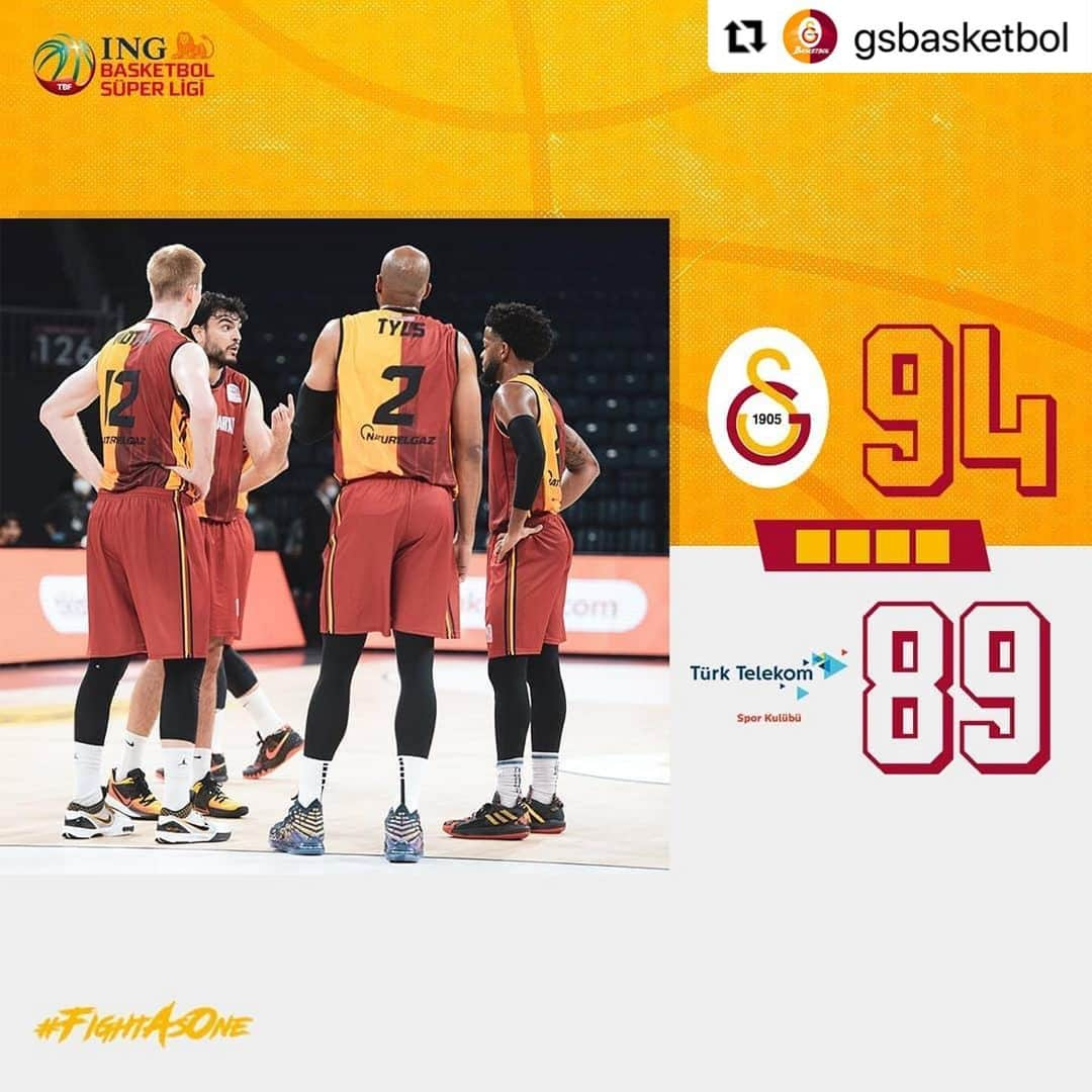 ガラタサライSKさんのインスタグラム写真 - (ガラタサライSKInstagram)「ING Basketbol Süper Ligi 9. Hafta  Maç sonucu: #Galatasaray 94 - 89 Türk Telekom  Tebrikler CimBom! ✊👊  #FightAsOne 🟡🔴」11月22日 1時50分 - galatasaray