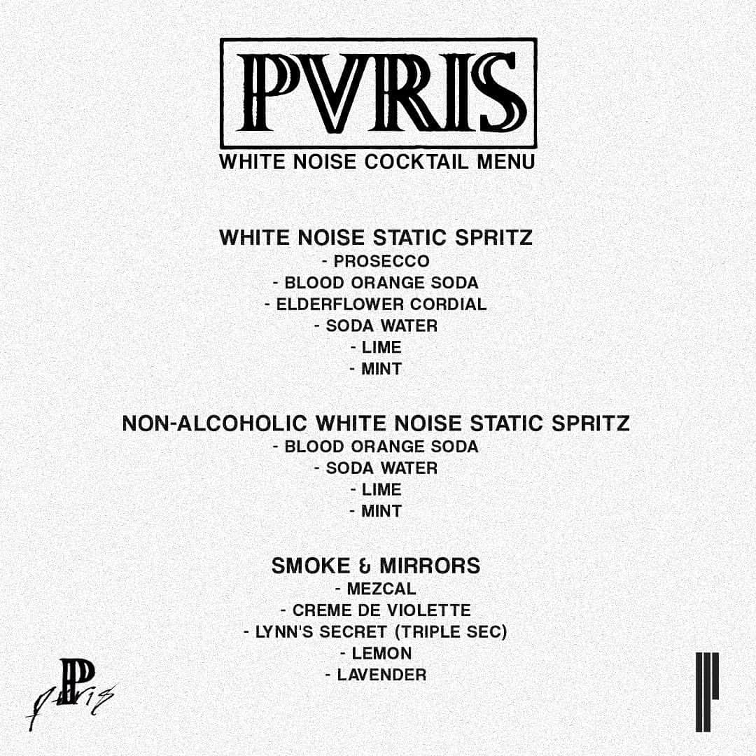 PVRISさんのインスタグラム写真 - (PVRISInstagram)「We are so excited to be back on stage tonight for the White Noise Live Stream! If you don't have your tickets, click the link in our bio.  If you already have them, make sure to log in to your @pillar_music account. The live stream will take place inside of Pillar by clicking the live stream tab in your navigation. If you are logged in to Pillar, you are set. There are no digital tickets... your Pillar account is all you need to watch the stream! Enjoy the show! We’ve also made a cocktail menu for you to make your own White Noise themed cocktails!」11月22日 2時05分 - thisispvris