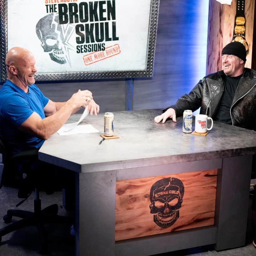 ストーン・コールド・スティーブ・オースチンのインスタグラム：「Don’t miss The Broken Skull Sessions One More Round with the legendary  @undertaker. Streaming tomorrow and right after @wwe #survivorseries only on the @wwenetwork.  Career highlights, stories from the road, the grind, and helluva lot more. Grab a beverage, and enjoy the ride. #onemoreround #brokenskullsessions #wwe #wwenetwork」