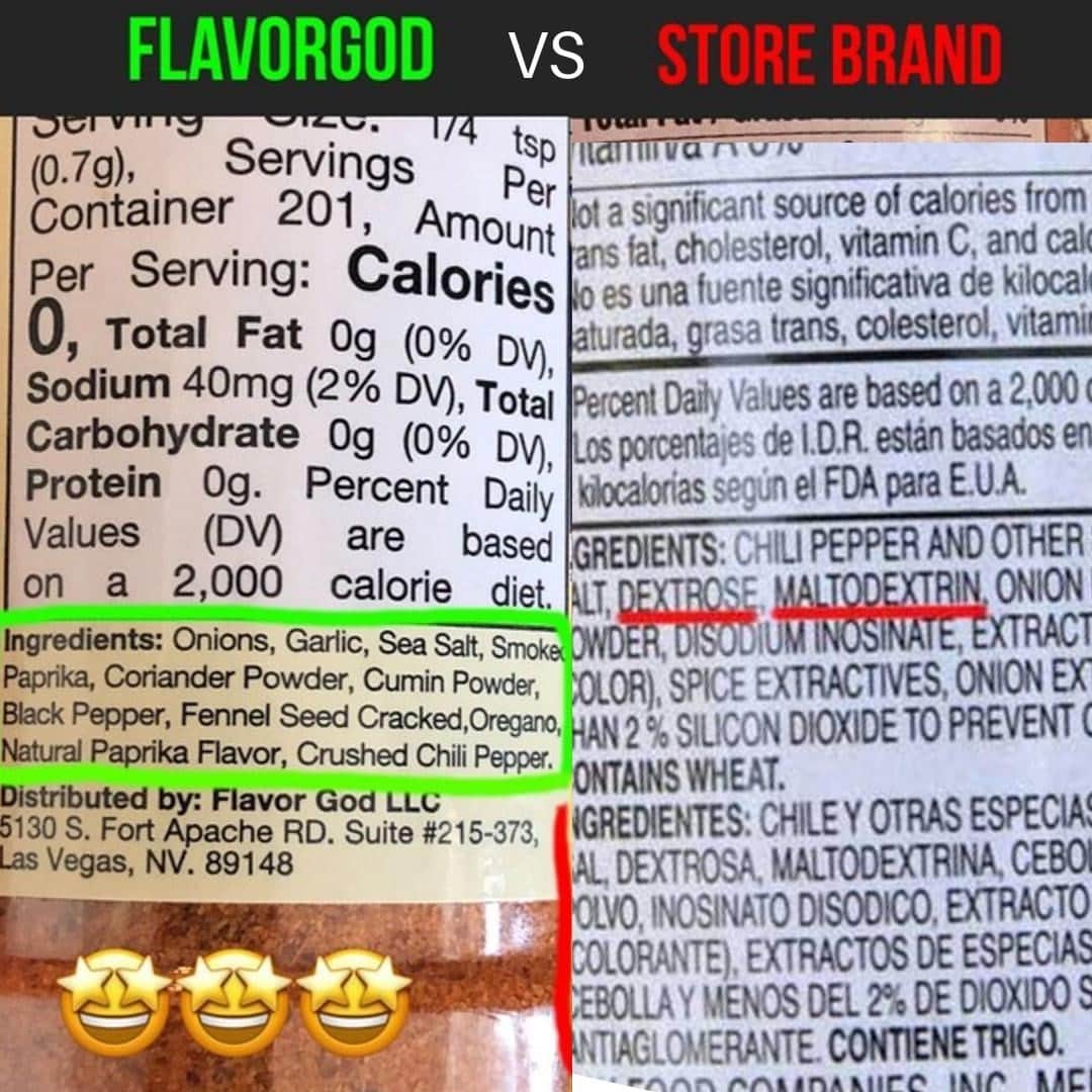 Flavorgod Seasoningsさんのインスタグラム写真 - (Flavorgod SeasoningsInstagram)「🚨#FlavorGod VS Store Brands!🚨 Look how this brand disguised sugar as "Dextrose" to trick people into thinking their brand is sugar free when it is NOT!! Do you check your labels?⁠ -⁠ Add delicious flavors to any meal!⬇⁠ Click the link in my bio @flavorgod⁠ ✅www.flavorgod.com⁠ -⁠ Flavor God Seasonings are:⁠ 💥 Zero Calories per Serving ⁠ 🙌 0 Sugar per Serving⁠ 🔥 KETO & PALEO⁠ 🌱 GLUTEN FREE & KOSHER⁠ ☀️ VEGAN-FRIENDLY ⁠ 🌊 Low salt⁠ ⚡️ NO MSG⁠ 🚫 NO SOY⁠ 🥛 DAIRY FREE *except Ranch ⁠ 🌿 All Natural & Made Fresh⁠ ⏰ Shelf life is 24 months⁠」11月22日 4時01分 - flavorgod