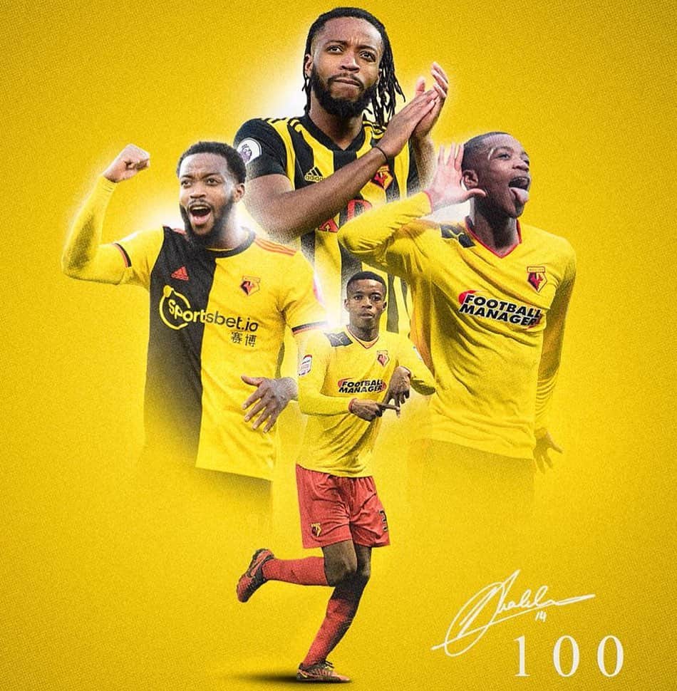 ナサニエル・チャロバーのインスタグラム：「Points shared today, we know we can do better so we have to look forward to the next game. Really proud to have made my 100th appearance for @watfordfcofficial . Missing the fans and the atmosphere they bring, but here’s to many more in the shirt God willing. 🙏🏽💛💯」