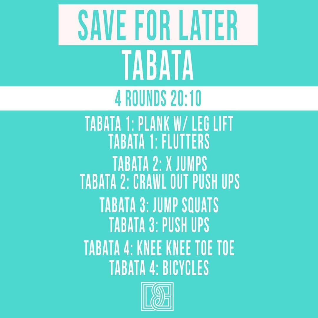 Danielle Robertsonさんのインスタグラム写真 - (Danielle RobertsonInstagram)「TABATA🔥  Get ready for a sweat sesh with this total body TABATA workout! Tabata is one of the most effective forms of HIIT (high intensity interval training) and a great fat burner!   HOW TO DO THE THINGS: Alternate between the two exercises in each Tabata Workout Set. Perform the first move for 20 seconds followed by 10 seconds rest before moving on to the second exercise in the Tabata. Complete 4 rounds of each Tabata and then allow 60 seconds rest between 💪  WORKOUT  TABATA 1 PLANK W/ LEG LIFT FLUTTERS  TABATA 2  X JUMPS CRAWL OUT PUSH UPS  TABATA 3  JUMP SQUATS PUSH UPS  TABATA 4 KNEE KNEE TOE TOE BICYCLES」11月22日 6時56分 - dannibelle