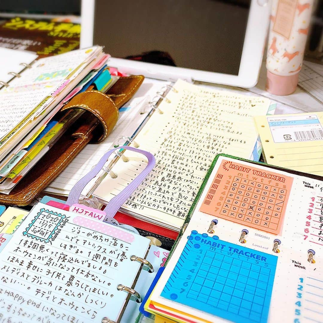 しあわせはんこさんのインスタグラム写真 - (しあわせはんこInstagram)「手帳タイム広げ放題。  SHIKIORIカートリッジインクの 利休茶がとても気に入って最近ずっと使ってました。あと2本使ってボトル買おうかそれとも別の色試そうかなぁ😊 と考えて楽しんでいます。  筋トレもチェックのおかげで 地味に続いています。 今までこんなに続いたことない。 朝にするのがやっぱりいいです。 夜はサボりたくなりがちだから。 ・ #手帳タイム　#システム手帳バイブルサイズ  #セーラー万年筆　#アシュフォードライフオーガナイザー  #プロッターm5  #ファイロファックスマルデン  #トラベラーズノートパスポートサイズ」11月22日 19時36分 - siawasehanko