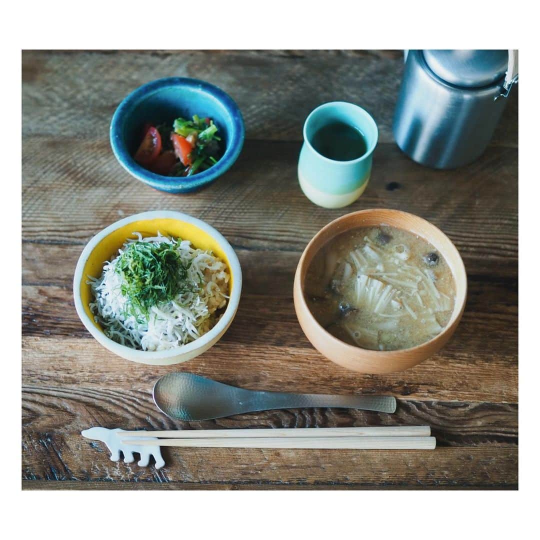高山都さんのインスタグラム写真 - (高山都Instagram)「よく晴れた日のブランチは玄米にしらすをたっぷりのせて。 @nanadaime_yamari_official 山利の釜揚げしらす、塩気がやわらかくって、とてもおいしい。ふわふわなのー。 セリは茹でて、たたいた梅とミニトマトとごま油で和えて。 味噌汁は水から煮たきのこたっぷり。 #みやれゴハン 実はこのしらす、 @otona_salone の手みやげや、お返しギフトとしても紹介しています。」11月22日 11時44分 - miyare38
