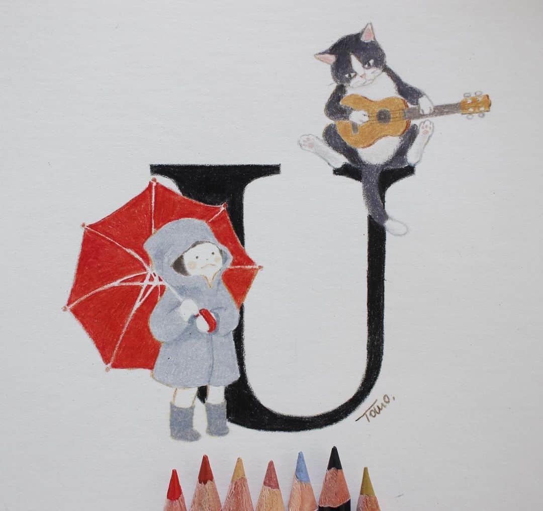 Tomoko Shintaniのインスタグラム：「Letters “U” ☂️ . Uのために歌うぞにゃ。 . #letters #umbrella #ukulele #ursong  #karismacoloredpencils #holbeinartistscoloredpencil #caramdacheluminance」