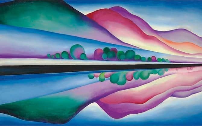 のインスタグラム：「Inspired by art... ”Lake George Reflection”, oil on canvas, by Georgia O’Keeffe 1921-1922.   Property from the Collection of J.E. Safra, Georgia O’Keeffe (1887-1986).  Image @christiesinc   #PauleKa #GeorgiaoKeeffe #moodboard #inspiration」