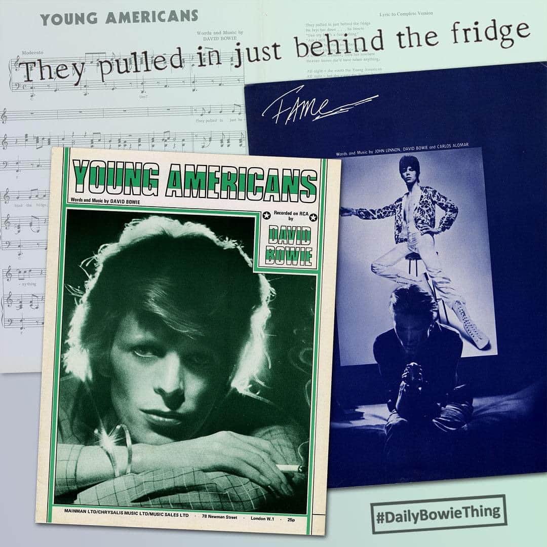 デヴィッド・ボウイさんのインスタグラム写真 - (デヴィッド・ボウイInstagram)「DAILY BOWIE THING – Day 22  “Gee my life’s a funny thing...”  For #BowieSheetMusicSunday last week we focused on the 1975 US Fascination sheet music. Our theory that the song was considered for a single was given more weight by an article published in Melody Maker in October 1975. In it, Harvey Kubernik interviewed Bowie at the taping of the Cher show in Los Angeles on 18th September.   He also reported this: “‘Fascination’ will probably be culled from Young Americans as his next single”. As you know from yesterday’s post, in the event, Golden Years was in fact the next Bowie single.  Today we’re featuring sheet music for the two singles that were taken from Young Americans, the title track and Fame. Fame is the US sheet and Young Americans the UK.   The Fame sheet combined Tom Kelley’s 1975 bed shot along with Brian Ward’s Iconic 1972 Ziggy Stardust picture. The same image was used for the Fame press adverts.  Aside from being green, the UK sheet for Young Americans was also unusual in that the Eric Stephen Jacobs cover shot was flipped. But, as highlighted in the montage, and without wanting to reignite the Fridge/Bridge debate (https://smarturl.it/BehindTheFridgeDBFB), at least they got the words right.   As you may have supposed, we’ll be back with another #DailyBowieThing tomorrow.  #DailyBowieThing  #BowieSheetMusicSunday  #BowieYoungAmericans  #BowieFame」11月23日 2時02分 - davidbowie