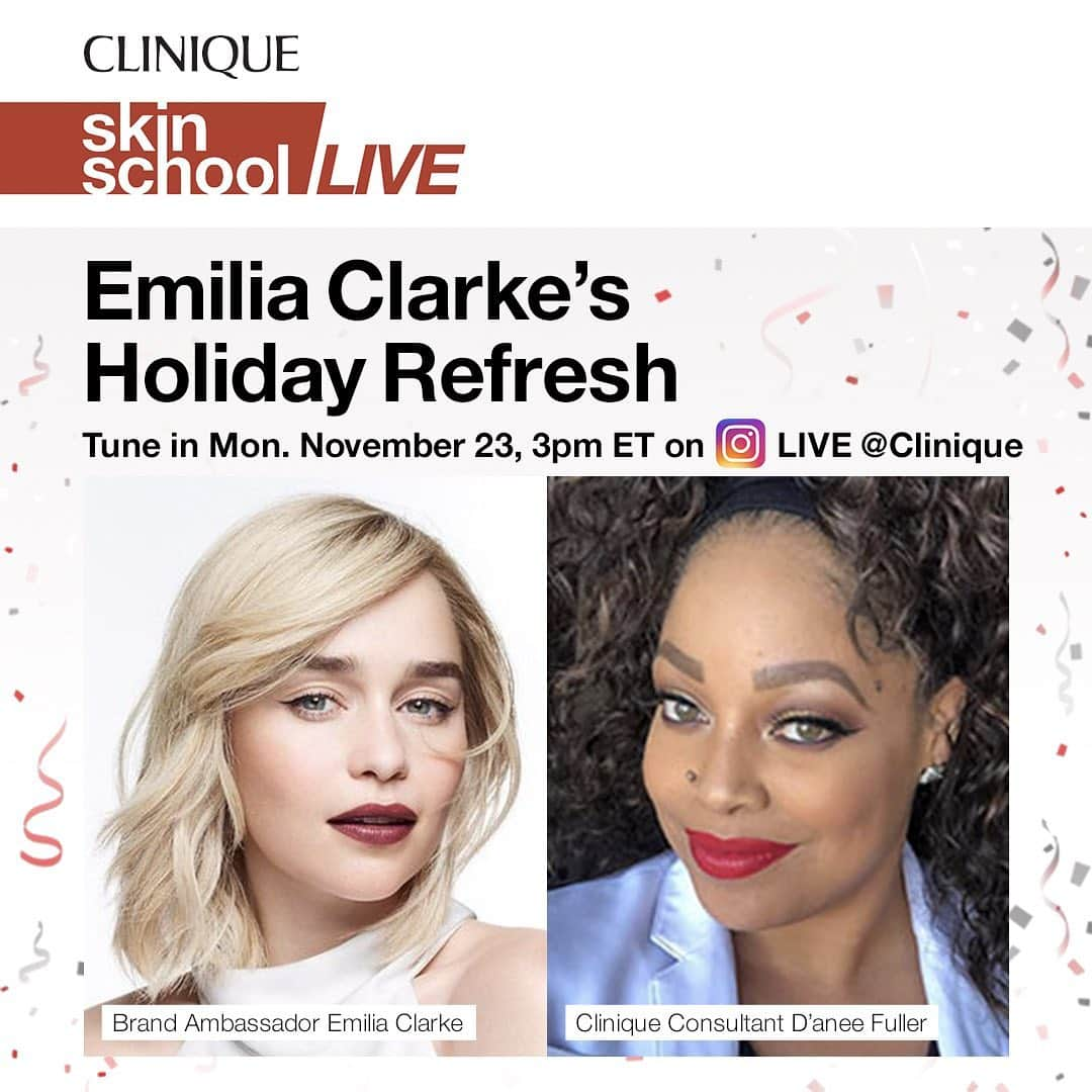 クリニークさんのインスタグラム写真 - (クリニークInstagram)「Tune in tomorrow at 3 PM ET on Instagram Live to see how Global Brand Ambassador @emilia_clarke upgrades her beauty routine for the holidays with the help of Clinique Consultant @divinely_d ✨#CliniquePartner」11月23日 2時05分 - clinique