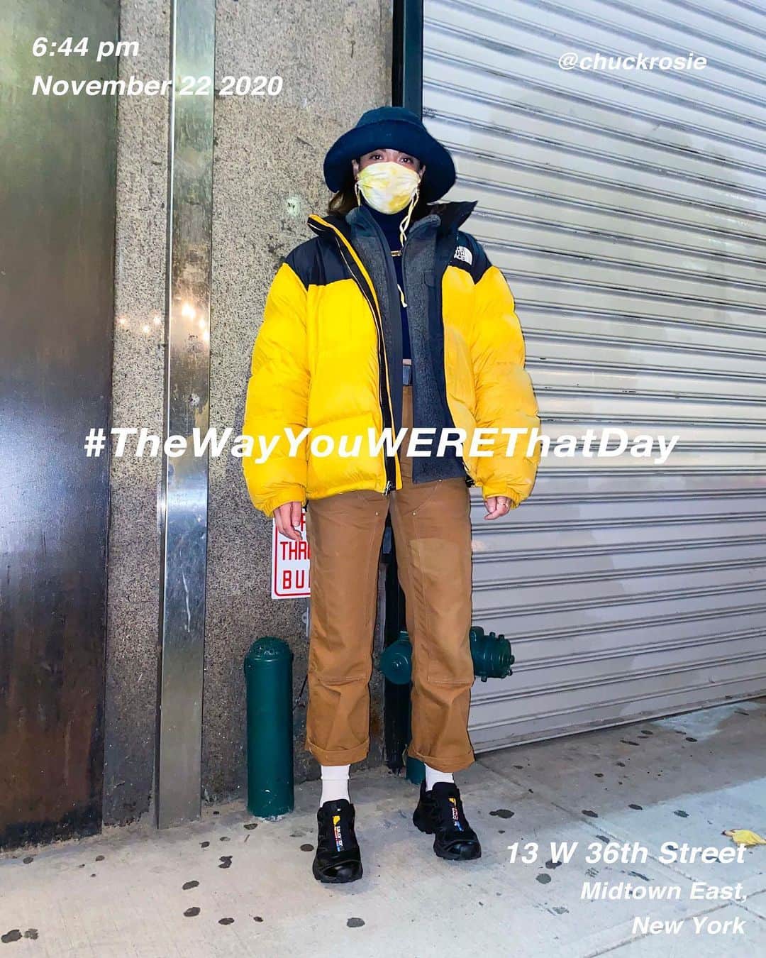 筒井心一のインスタグラム：「@chuckrosie 13 #West36thStreet at 6:44 pm, November 22 2020, #NewYork ﻿ #OutfitOfTheDay = #TheWayYouWEREThatDay」