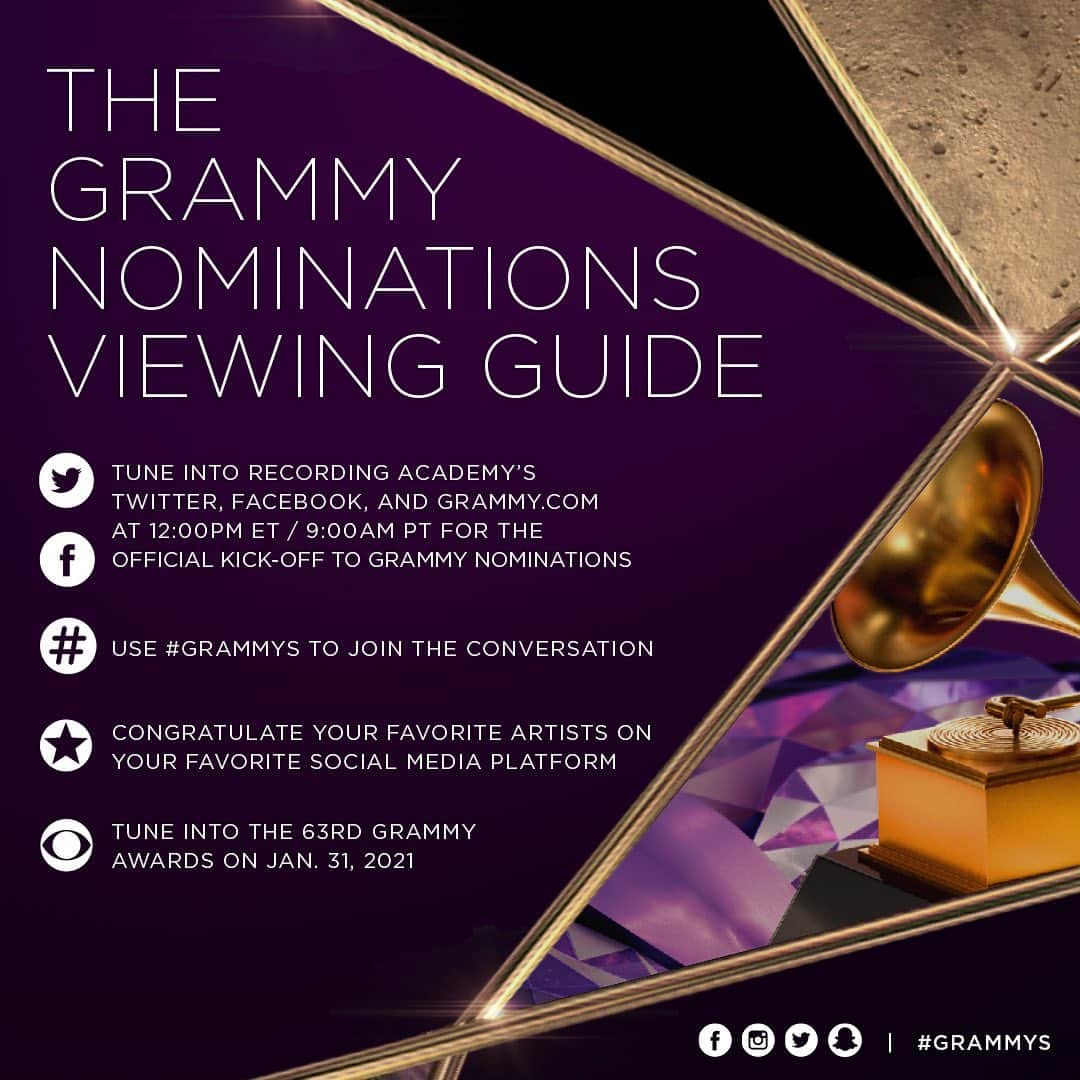 The GRAMMYsさんのインスタグラム写真 - (The GRAMMYsInstagram)「✨ It's that time of the year.   🎤 #GRAMMYs nominations are this Tuesday, November 24!  ✉️ We're revealing who is nominated for the 63rd GRAMMY Awards (83 categories) with help of @PepeAguilar_Oficial, @YemiAlade, @NickyBenedettiOfficial, @DuaLipa, @Lauren_Daigle, @MickeyGuyton, @imogenheap, @GayleKing, and @SharonOsbourne‬.  📲 The one-hour livestream will start at approximately 12:00 p.m. ET / 9:00 a.m. PT.  🎶 Don't miss a beat!」11月23日 14時03分 - recordingacademy