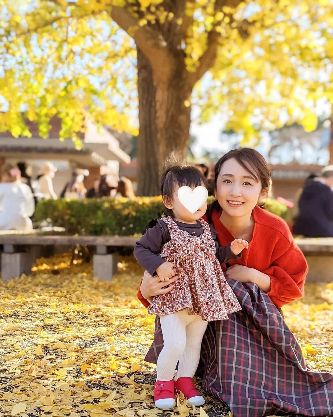 小野恵美のインスタグラム：「メインのイチョウ並木は前日の風でほとんど落ちてしまっていました😂が、入口のところの1本だけ綺麗に色付いていました💛  写真撮影のみマスク取りました😌  #紅葉 #いちょう #イチョウ #黄色の絨毯 #秋 #秋の風景 #黄色の世界 #ママ #ママコーデ #女の子ママ #女の子ベビー #昭和記念公園 #国営昭和記念公園」