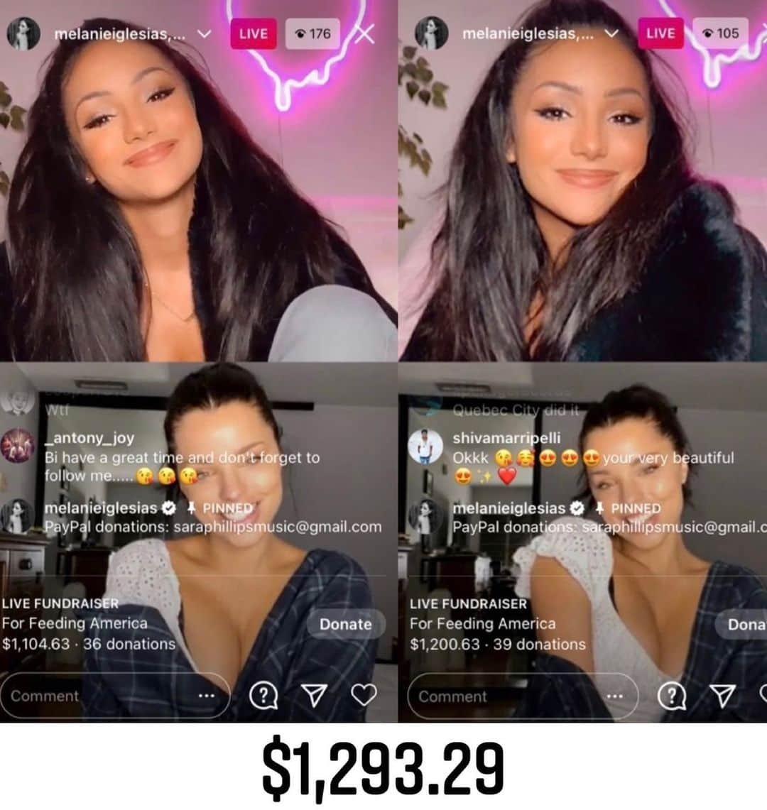 メラニー・イグレシアスのインスタグラム：「You guys helped me and @itssaraphillips raise almost $1,300 in less than an hour for @feedingamerica!!! Thank you so much for your generosity, especially during such a trying time. I love you all so much and I’m gonna miss you during this little hiatus but I’ll be back soon and better than ever. Thanks for making mine and many others lives so much better. I hope you all have a joyous holiday season. See you back on IG in about a month! X」