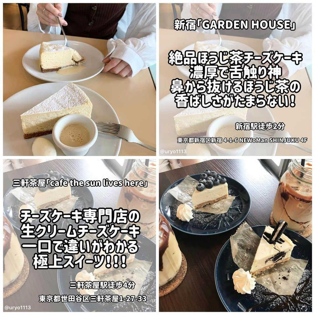 りょうくんグルメさんのインスタグラム写真 - (りょうくんグルメInstagram)「東京チーズケーキまとめ！！！ ⠀ ①新宿ガーデンハウス ②三軒茶屋cafethesunliveshere ③恵比寿マーサーカフェダンロ  ④吉祥寺アリーカフェ ⑤二子玉川カフェソウルツリー ⑥上野アメ横ダンケ ⑦学芸大学Aworks ⑧有楽町6thbyorientalhotel ⠀ チーズケーキ食べに行く時の 参考にしてね✌️」11月23日 12時02分 - uryo1113