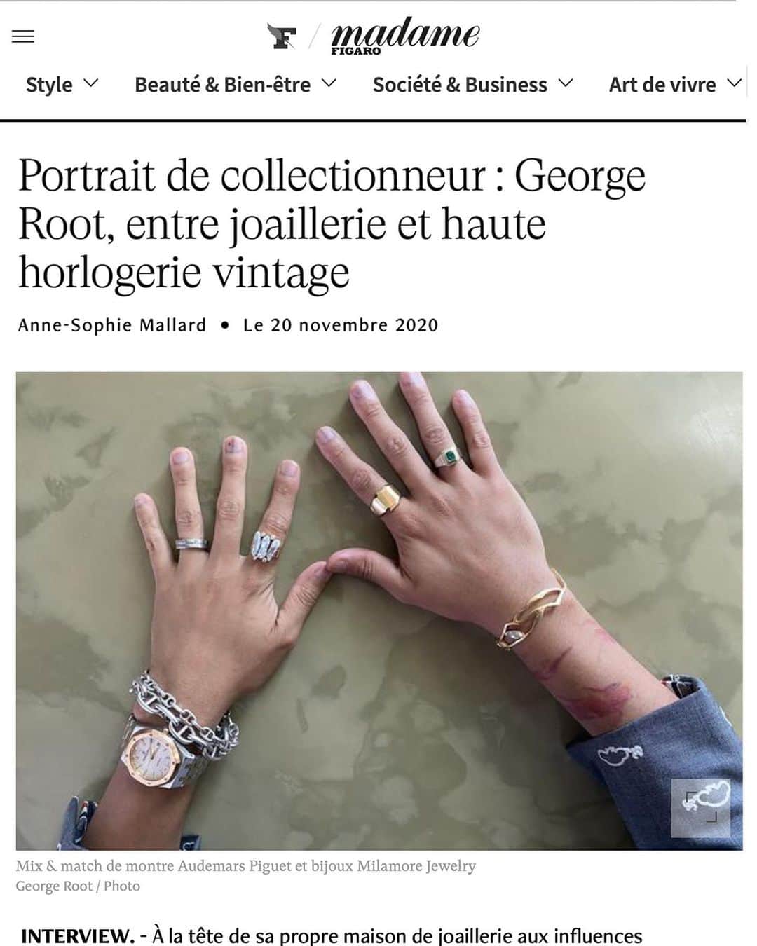 稲木ジョージのインスタグラム：「I had fun chatting with @diamondmallard about my vintage watch collection! I’ve been collecting since I was 20 exclusively on @madamefigarofr ⌚️ All my close friends know I’m a watch collector but this is the first time I’m publicly sharing the details in press! ✍️ You’ll learn why I’m obsessed with it, where I find watches, what my favorite pieces are, and much more... The article is in French but you can use google translation to find out all my inside secrets!   https://madame.lefigaro.fr/bijoux-et-montres/collectionneur-de-montres-george-root-milamore-jewelry-201120-183503  フィガロ本国フランスに自分のビンテージ時計コレクションについて独占取材されました🙂意外と思う方もいるかもしれませんが、実は20歳からずっと時計を集めています🤩腕時計に魅了された理由、どこで買っているのか、どのようにスタイリングしているのか語らさせていただきました🥳 今ではスマホで時間が見れるから、腕時計に興味がない人が増えているみたいですが、腕時計をするロマン。ビンテージならなおさら、時計が経験してきたストーリーを腕に纏えると思うと、素敵だと思いませんか？ いままで語ることがなかった、13年間続けてるシークレットな趣味を初めて公のメディアにて語らさせていただきました！ 20歳で宝石販売、カルティエロードスターをきっかけに集めたウォッチコレクション。原点回帰に気付かされる2020年でした😚 フランス語ですが、Google翻訳使って読めたので、時間ある方は読んでください😊  #vintagerolex」