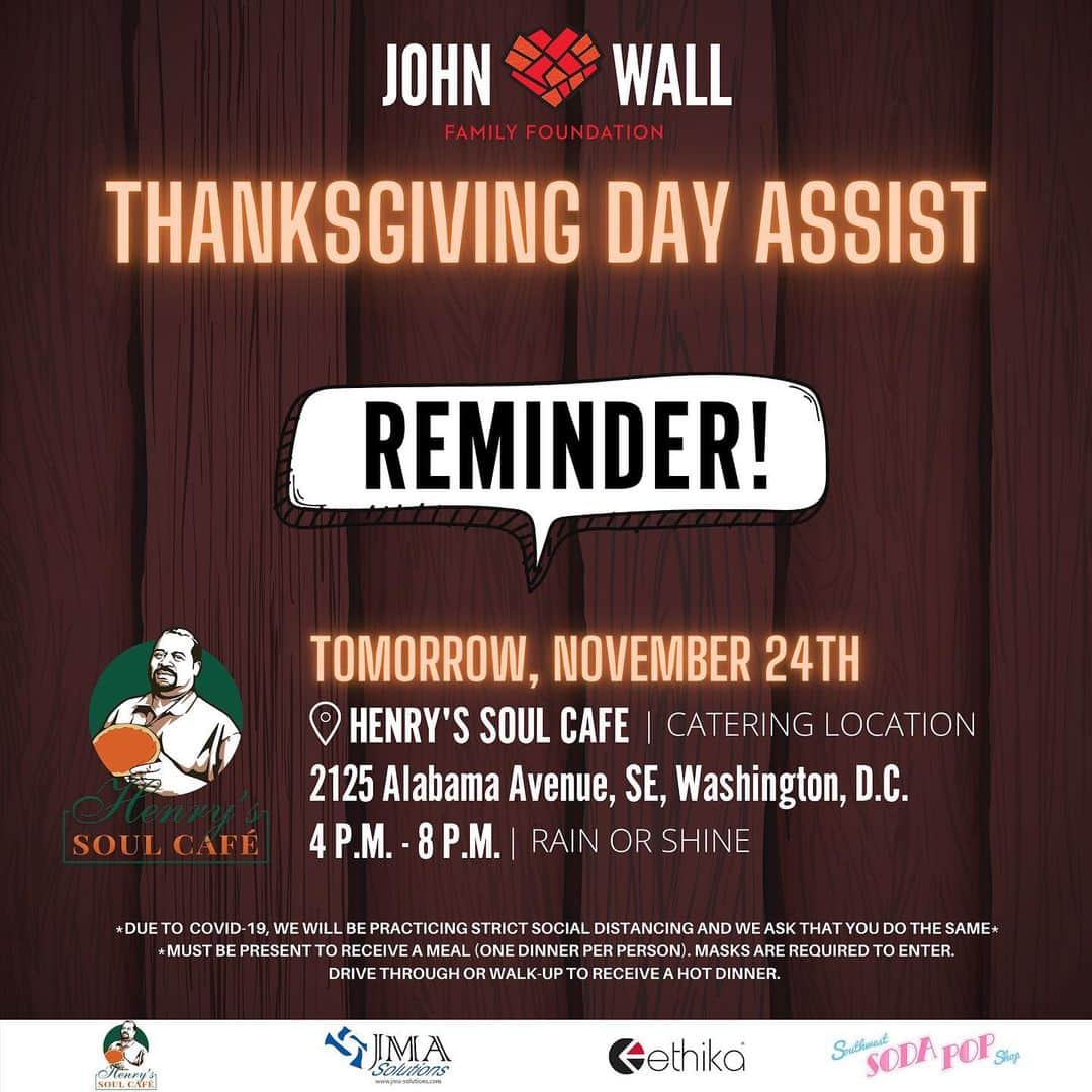 のインスタグラム：「Tomorrow, I am distributing 1,000 FREE DINNERS at the Alabama Avenue, SE location of @henryssoulcafe! Thank you @henryssoulcafe @jmasolutionsdc @ethika @swsodapopshop for partnering with me and @jwfamilyfoundation on this event! First 150 families receive a $25 grocery gift card! #JWFF」