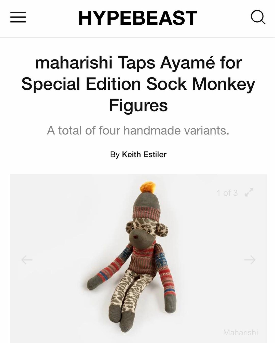 アヤメのインスタグラム：「Thank you @hypebeast for featuring our friends #ayamesockmonbear @maharishi #maharishi 🖤🧦 Hypebeastにアヤメソックモンキー達を取り上げて頂きました😂 #ソックモンキー #なぜそこ #hypebeast #ayamesocks #fashion」
