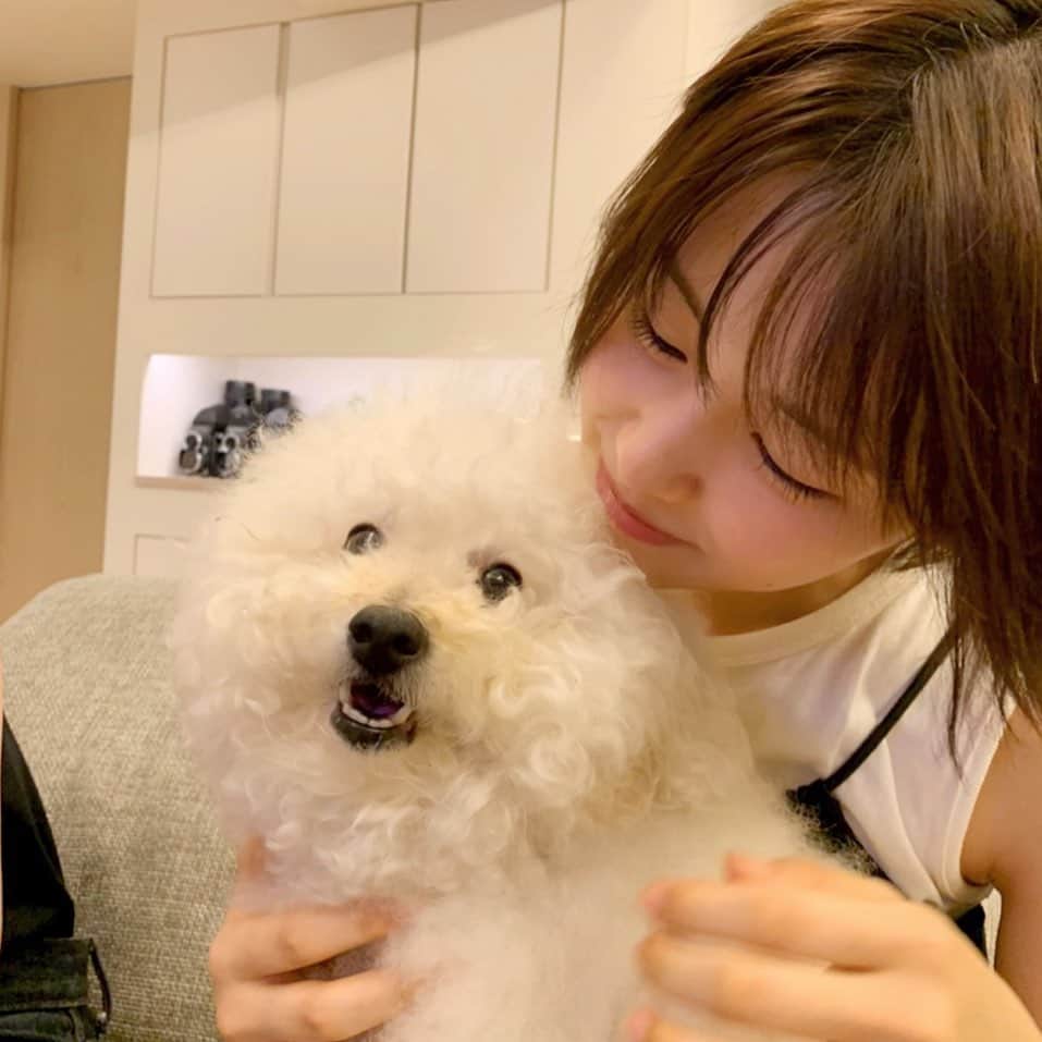 竹内愛紗のインスタグラム：「. 野村さんのわんちゃん🐶 ヴァ二ーちゃんとパシャリ📸 もふもふのふわふわでわたあめのようでした🤍 . . #ヴァ二ーちゃん#野村誠一 さん#カレンダー#2021」