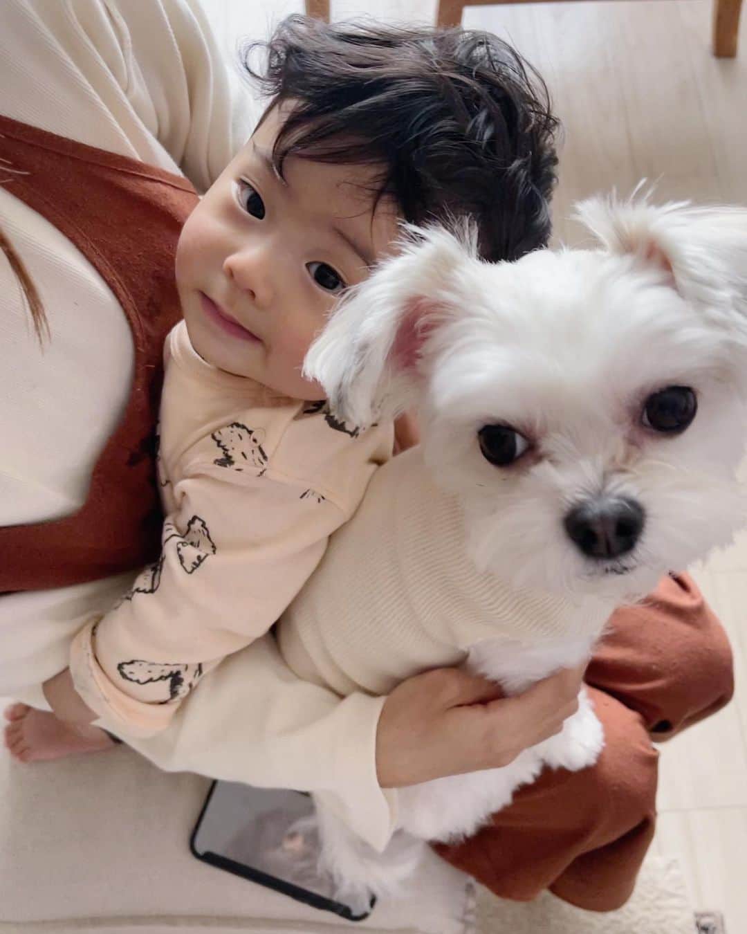 のインスタグラム：「いや〜可愛すぎて 毎日幸せです🤱🏼 相変わらず甘えん坊なぴぐ🐕 .  #ベビー服#ベビー用品#ベビーグッズ#赤ちゃん#赤ちゃんのいる暮らし#赤ちゃんのいる生活#0歳児#育児#初めての育児#男の子ベビー#おとこのこベビー#ベビーコーデ#子育てぐらむ#令和2年ベビー#ふさふさベビー#乳児#第一子#新米ママ#赤ちゃんと犬#赤ちゃんと犬のいる生活#赤ちゃんと犬のいる暮らし#babyanddog」