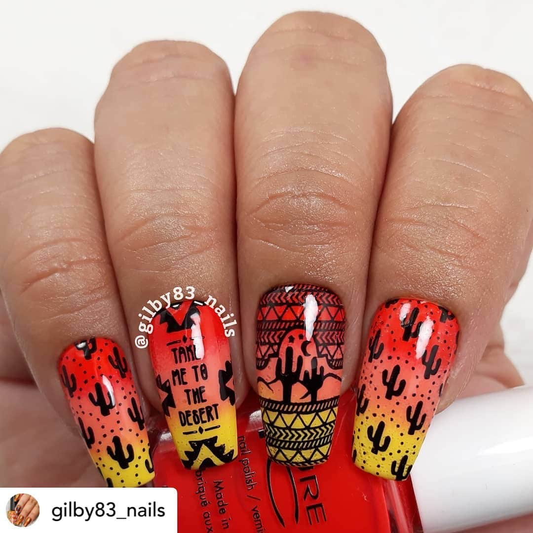 Nail Designsさんのインスタグラム写真 - (Nail DesignsInstagram)「Credit• @gilby83_nails New prompt for #GlamNailsChallengeAug - Desert 🌵🏜🌵 . Plates Used: @hellomaniology - MXM027 Biutee - L04 . Polishes Used: @officialpureice - Wear Red @officialpureice - Happy Hour @officialpureice - Show Stopper  @pueencosmetics - Black Jack @holotaco - Gloss Top Coat  . . #ManiologyAmbassador #Nails💅🏽 #NailObsession #UberChic0to10k #Pueen #Maniology #ManiXMe #WhatsUpNails #NailsDesign #NailPolishAddict  #IHeartNailPolish #ILoveNailPolish #NailsOfTheDay #PolishAllTheNails #NailStamping #NailItDaily #NailStampingArt #NailArtWow #StampAllTheNails #StampedNails #NailsOfInstagram #Nailstagram #Nailfie #ForYou #ISND #InternationalStampingNails #NailSpaFeature #DesertNails」11月24日 8時07分 - nailartfeature