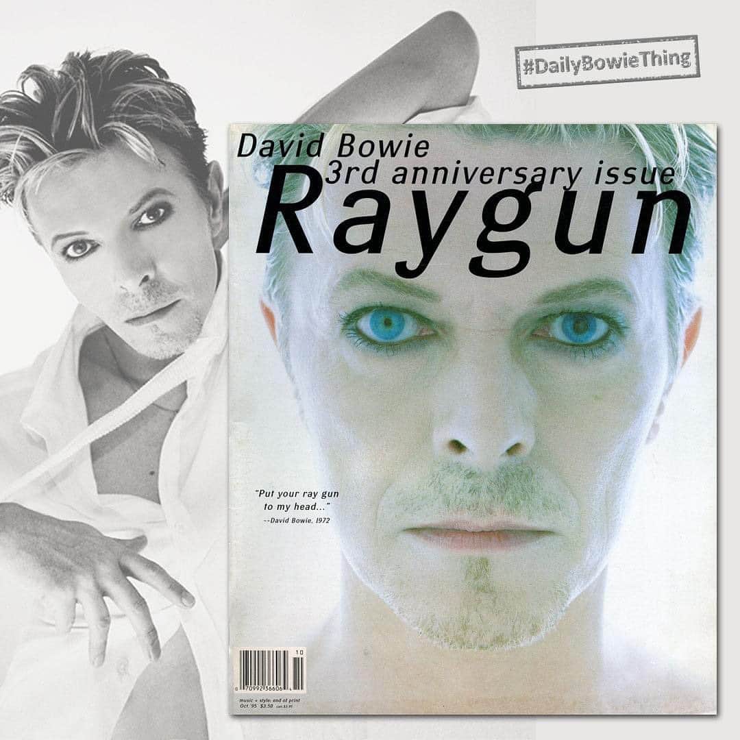 デヴィッド・ボウイさんのインスタグラム写真 - (デヴィッド・ボウイInstagram)「DAILY BOWIE THING – Day 23  “Put your Ray Gun to my head...”  Welcome to another #DailyBowieThing for #BowieMagMonday. Before we leave the year of 1. Outside 25th celebrations, we thought we’d make today’s Bowie mag something connected to the release.   Established in 1992 in Malibu, Los Angeles, Ray Gun was a monthly American music and style magazine that featured the brilliant art direction and design of David Carson. Ray Gun celebrated its third anniversary (October 1995) with this Bowie cover and a 10-page picture-led interview/feature inside.   Two pages were given over to an interview with DB by Moon Zappa regarding the characters which populated 1. Outside, while another two pages were reserved for Brian Eno’s studio observations and working methods for the album.   Along with Kate Garner’s superb photographs for the cover shoot, there were four images (two of them being full page), illustrating some of the 1. Outside characters, with the following credits:  Computer images/concept: David Bowie/Denovo Photography: John Scarisbrick Image manipulation: Denovo for RG  If you can track down a copy, it’s well worth a look at. Though we should say that most issues of Ray Gun nowadays aren't cheap, and this issue is no exception.   Indeed, it would be a less expensive option to check out the newly published 25th anniversary edition of A Year with Swollen Appendices: Brian Eno's Diary, for a deeper delve into the recording of 1. Outside.   #DailyBowieThing  #BowieRayGun  #BowieMagazineCover  #BowieMagMonday」11月24日 8時52分 - davidbowie