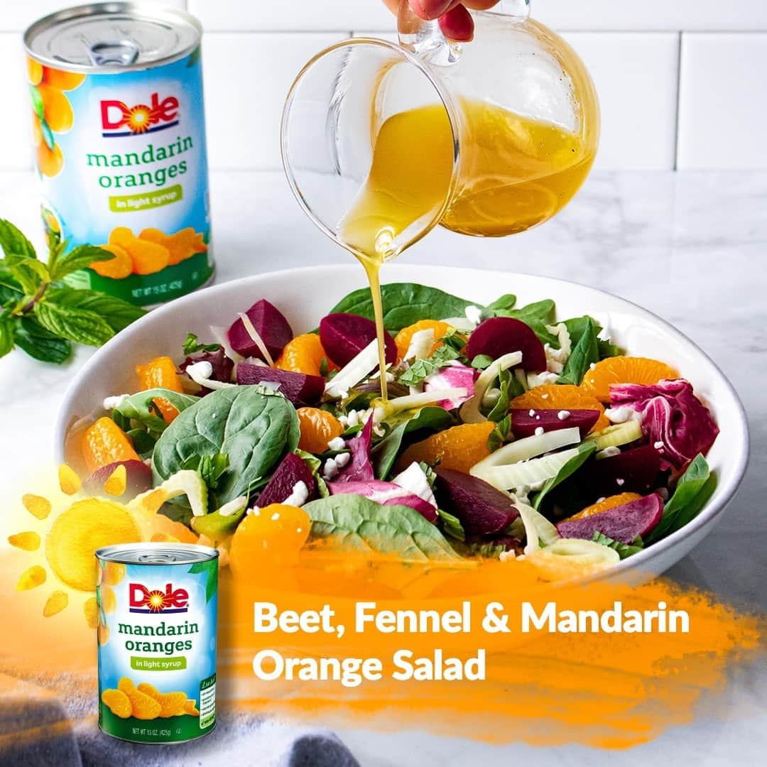 Dole Packaged Foods（ドール）のインスタグラム：「Brighten up your Thanksgiving spread with a salad so delicious, the stuffing will be jealous.   INGREDIENTS: 2 bunches baby red or gold beets 1 (1/2 lb.) fennel bulb 1 pkg. (5 oz.) DOLE® Spring Mix 1 can (15 oz.) DOLE® Canned Mandarin Oranges, drained 4 sprigs chopped fresh mint 2 to 3 oz. goat cheese, crumbled  DIRECTIONS: 1) Preheat oven to 400° F. 2) Place beets in medium roasting pan, add water to cover bottom of pan; cover with foil. Roast 40 to 45 minutes or until beets are tender and can be pierced with a fork or knife. 3) Cool slightly; remove skin from beets and cut into wedges. 4) Trim off fennel leaves and stalk; cut into very thin slices. 5) Combine salad, mandarin oranges, mint, beets and fennel in large bowl. Pour dressing over salad; toss to evenly coat. Sprinkle cheese over salad. 6) Honey Balsamic Vinaigrette: Whisk together 2 tablespoons white balsamic vinegar, 1 tablespoon honey, 1 teaspoon Dijon mustard and 1/4 cup extra virgin olive oil. Season with salt and pepper. Makes about 1/2 cup.」