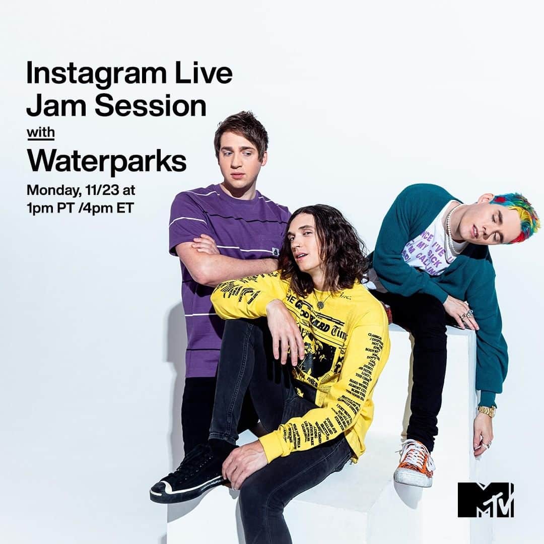 のインスタグラム：「Not to be dramatic but this is the bEST MONDAY EVER 🌈 It's time for an #MTVJamSession with @waterparks at 1pm PT / 4pm ET!」