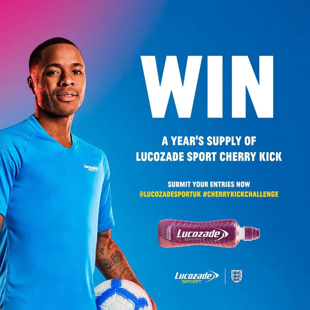 ラヒーム・スターリングのインスタグラム：「The @LucozadeSport #CherryKickChallenge is on!   Want to get involved and win a year’s supply of Lucozade Sport Cherry Kick? Upload your own Cherry Kick challenge and tag @lucozadesport for the chance to win! 🍒 Use the hashtags #Cherry Kick #CherryKickChallenge to find out more!」
