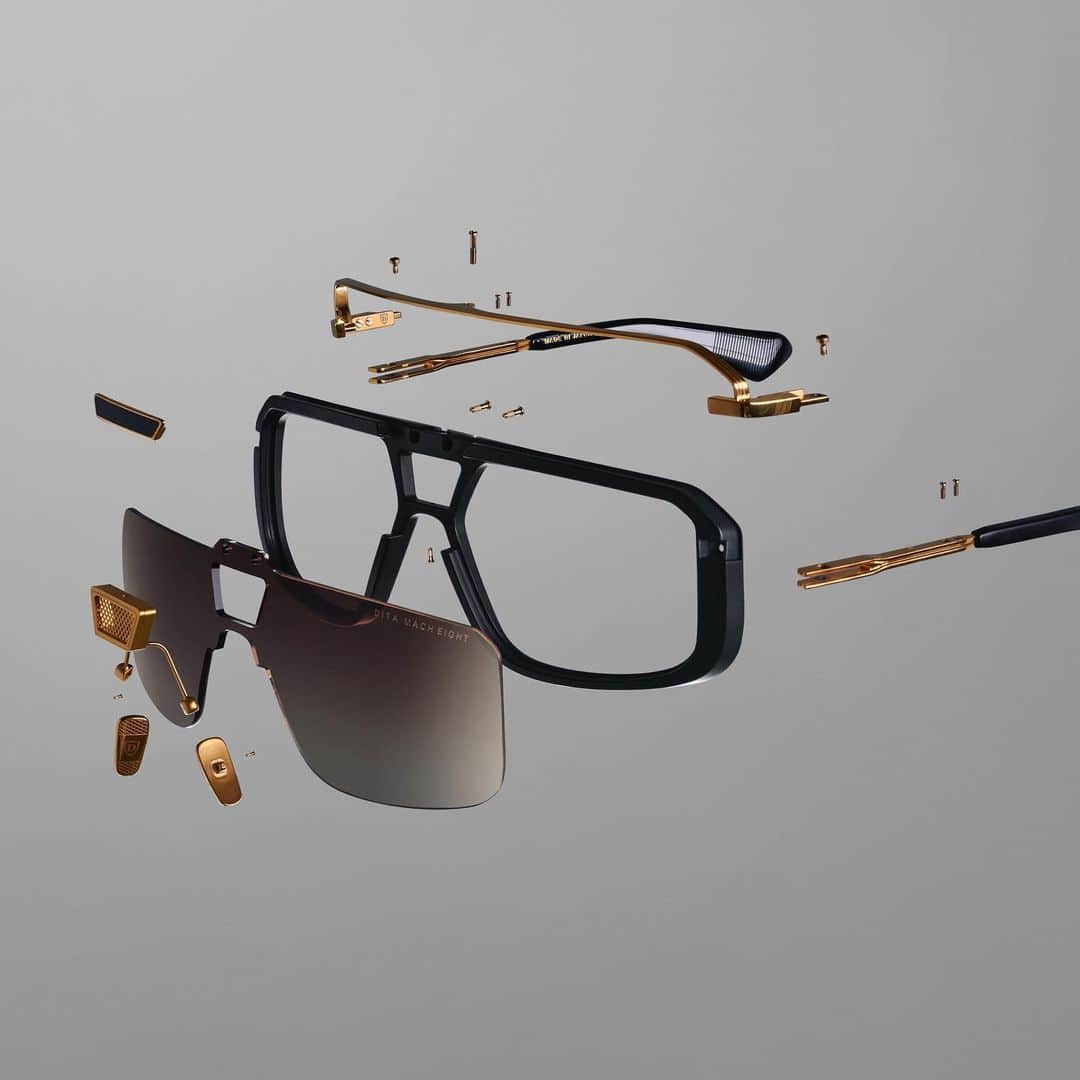 ディタのインスタグラム：「Completely redesigned for maximum impact, MACH-EIGHT owes its elongated proportion to a curved shield lens with a center cut out to reveal the detail.  Bold, broad, and appointed with a host of custom crafted details, it’s a worthy inheritor of DITA’s rich heritage.   #DITA #DITAeyewear #MachEight」