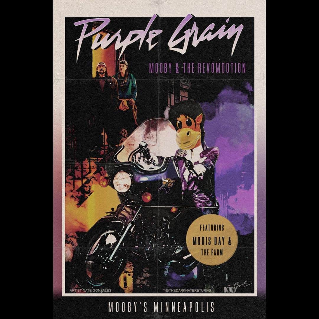 ケヴィン・スミスのインスタグラム：「LET’S GO CRAZY! The @moobyspopup moooves to #minneapolis next month, taking over The Depot Tavern at the legendary @firstavenue nightclub - where @themorrisday and The Time battled for stage supremacy with #prince himself! Our purple reign runs from DECEMBER 12th through 19th, during which you can enjoy our socially distanced reservation-based pick up experience full of selfie stations! We’re bringing Minneapolis-based Mooby merch, new menu items like the Cow Dong (a Sriracha vegan Brat) that comes with Housemade Cow Chips, and the debut of our brand new #Mooby mascot costume so folks can grab a photo where they worship the Golden Calf (with a Mooby suit built by folks who also build costumes for @maskedsingerfox)! The first time I came to #minnesota, I made #mallrats (at @edenprairiecenter, a short drive from #firstavenue) - but this time, I’m returning to one half of the Twin Cities with tasty treats! Tickets go on sale TOMORROW at 11amCST at the  #moobyspopup link in my bio! (Amazing Art by birthday boy @thedarknatereturns!) #KevinSmith #moobys #twincities #minnesota #food」